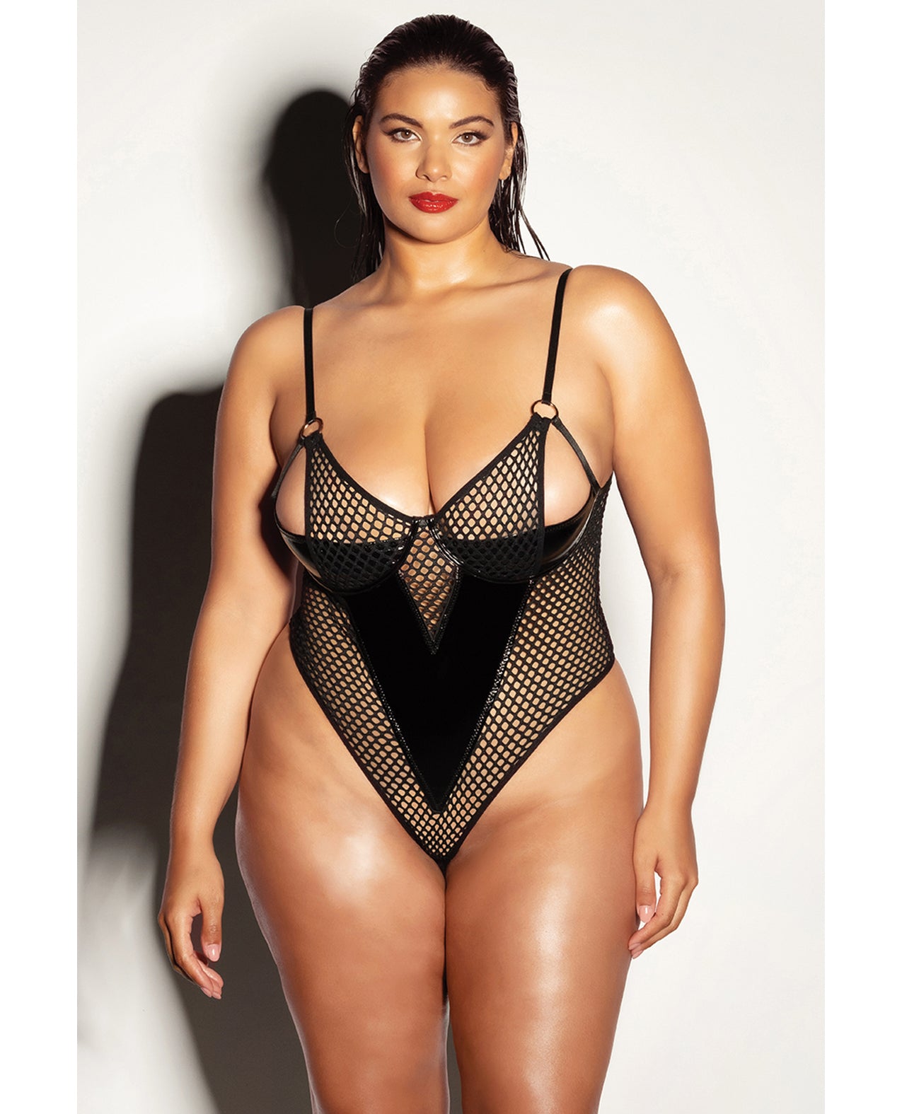 FETISH Frisky Fishnet & Vinyl Shelf Cup Peek A Boo Teddy Black 1X