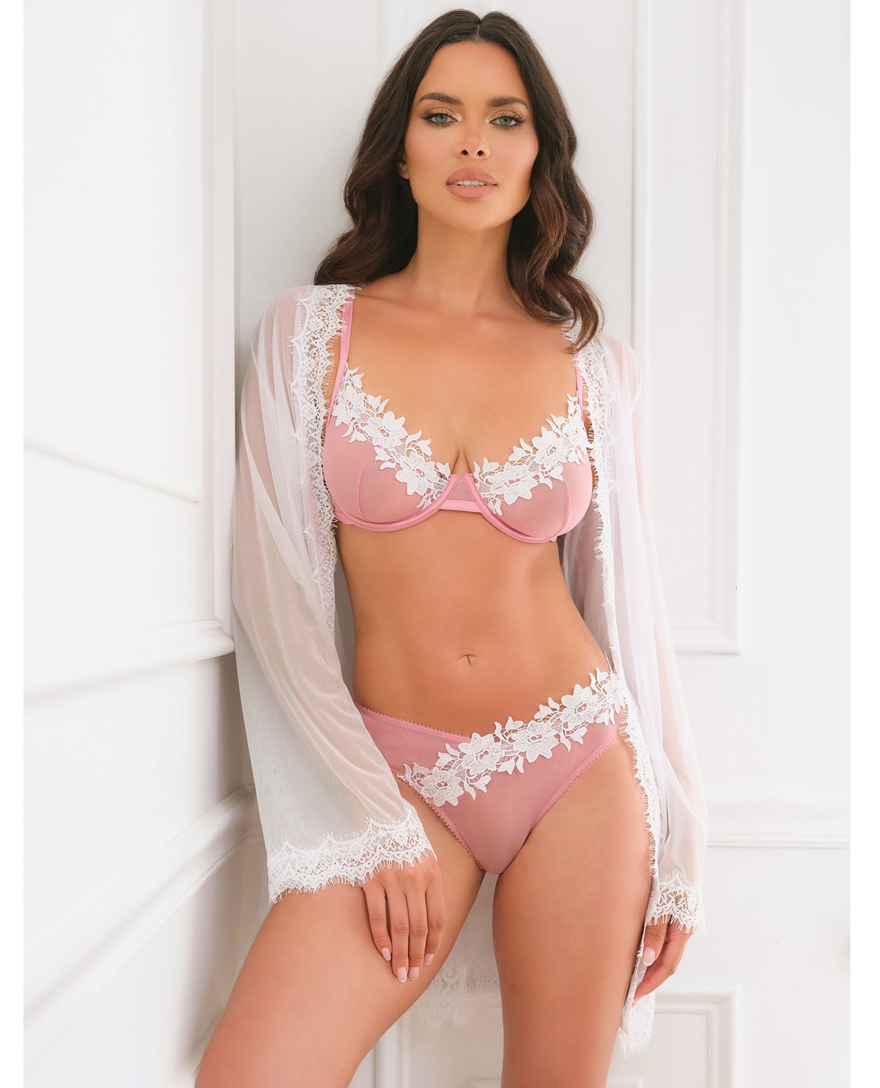 Glinda Mesh 2 pc Set w/Floral Embroidered Details - Pink & White MD