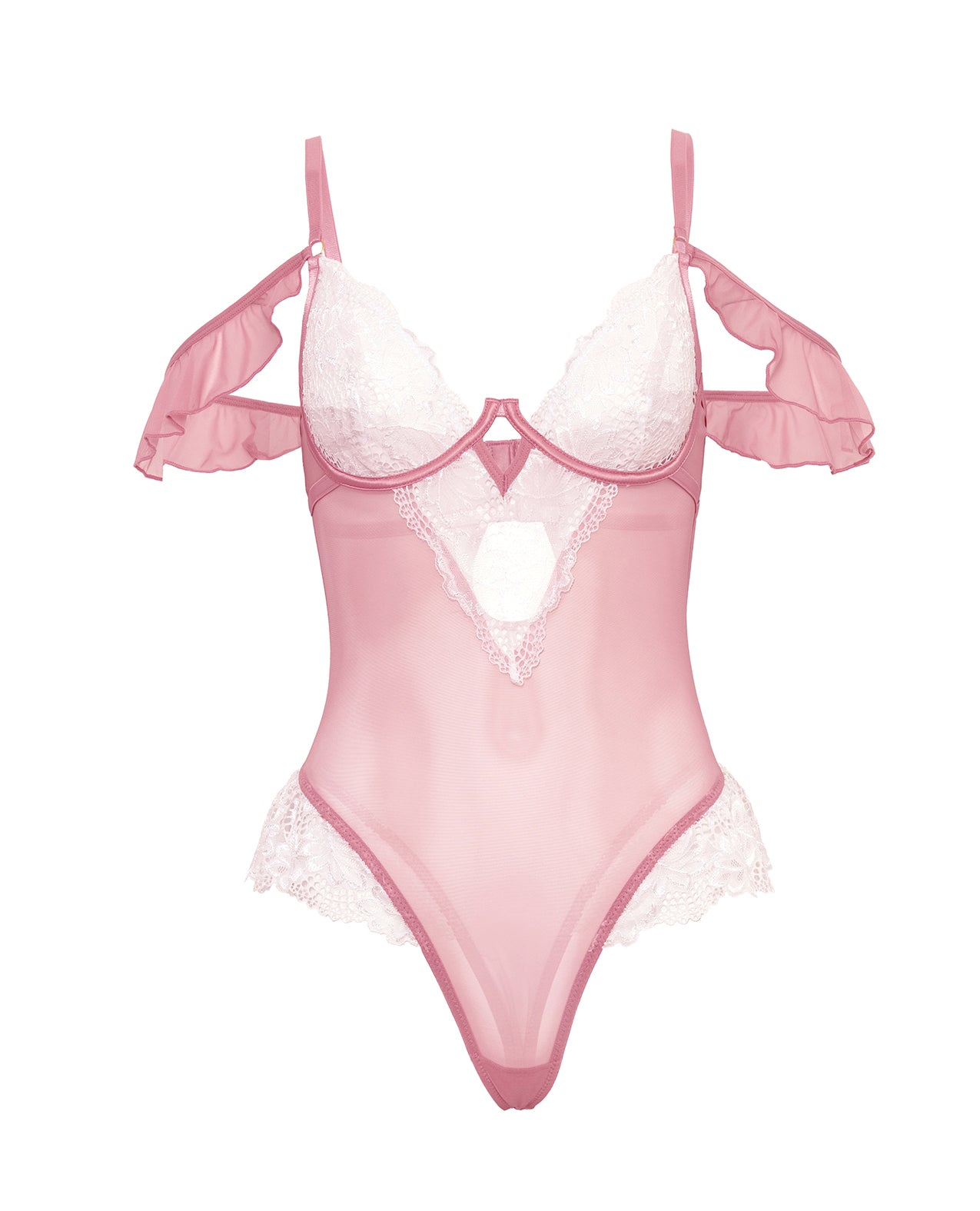 Cassandra Lace & Mesh Teddy w/Ruffle Details - Pink & White LG