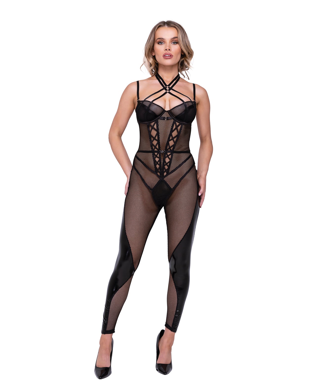 Flirty Fetish Fishnet & Faux Leather Catsuit w/Satin Trim Black XL