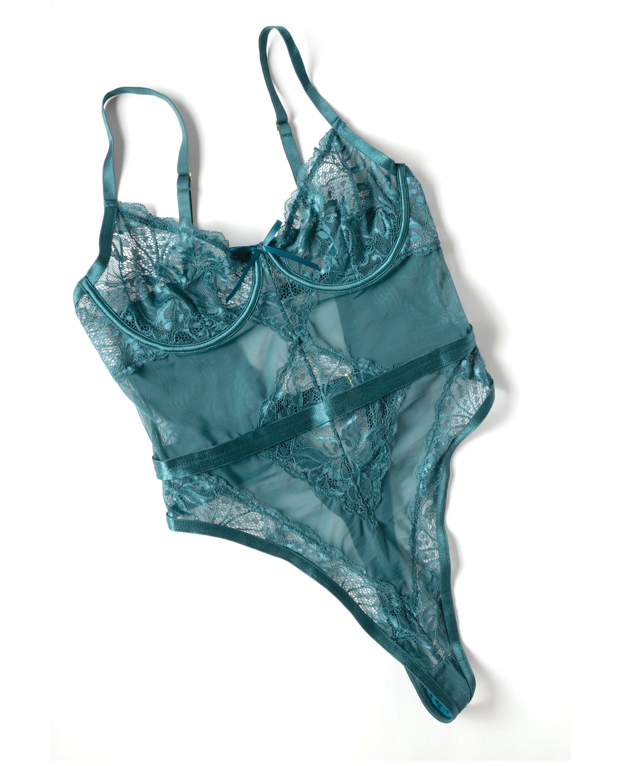 Paisley Lace & Mesh Teddy w/Bow Details - Turquoise S/M
