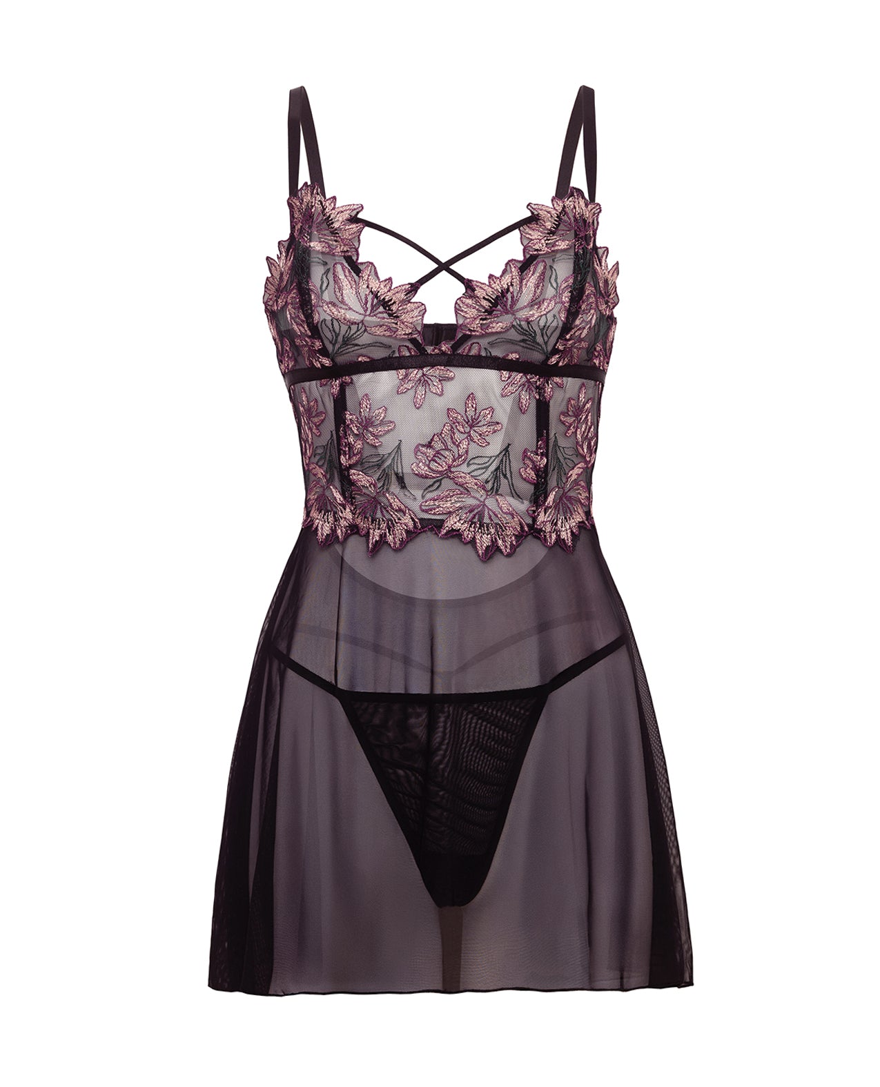 Adela Embroidered Boned Lace and Mesh Babydoll w/G-String 2 pc Set - Black/Pink 1X