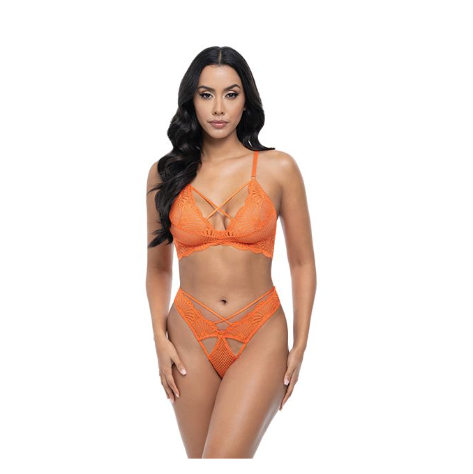 Amina Scallop Lace & Mesh Bralette w/Panty 2 pc Set - Dragon Fire Orange