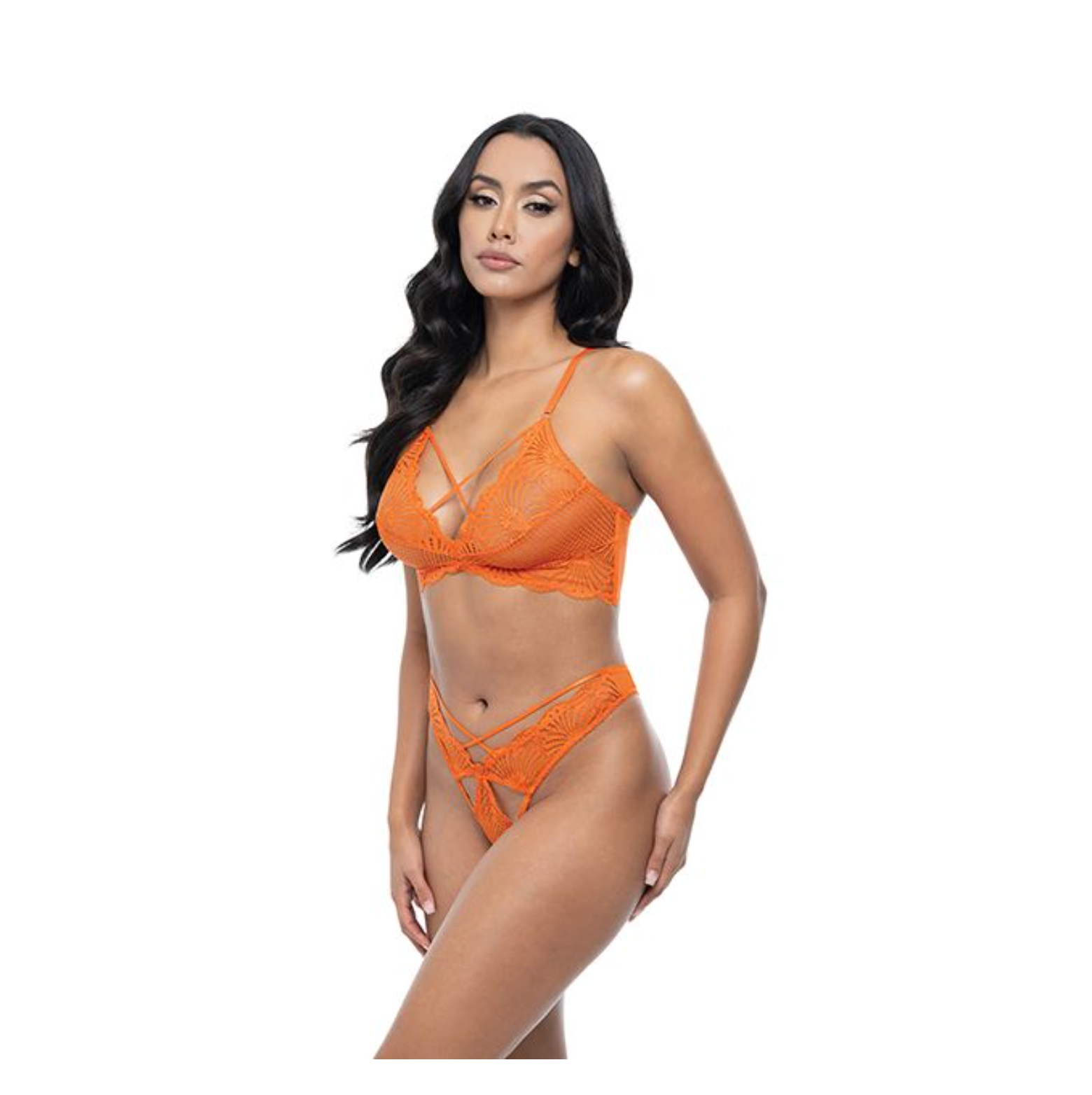 Amina Scallop Lace & Mesh Bralette w/Panty 2 pc Set - Dragon Fire Orange