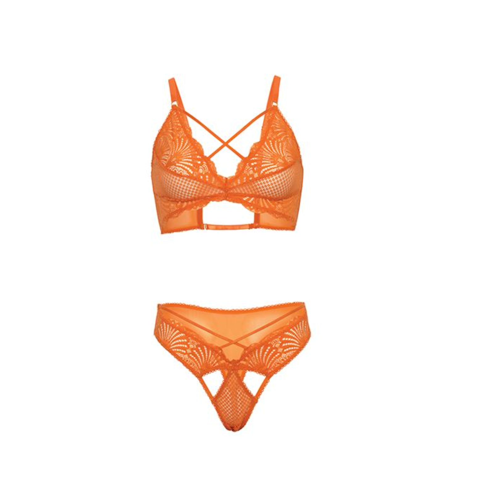 Amina Scallop Lace & Mesh Bralette w/Panty 2 pc Set - Dragon Fire Orange