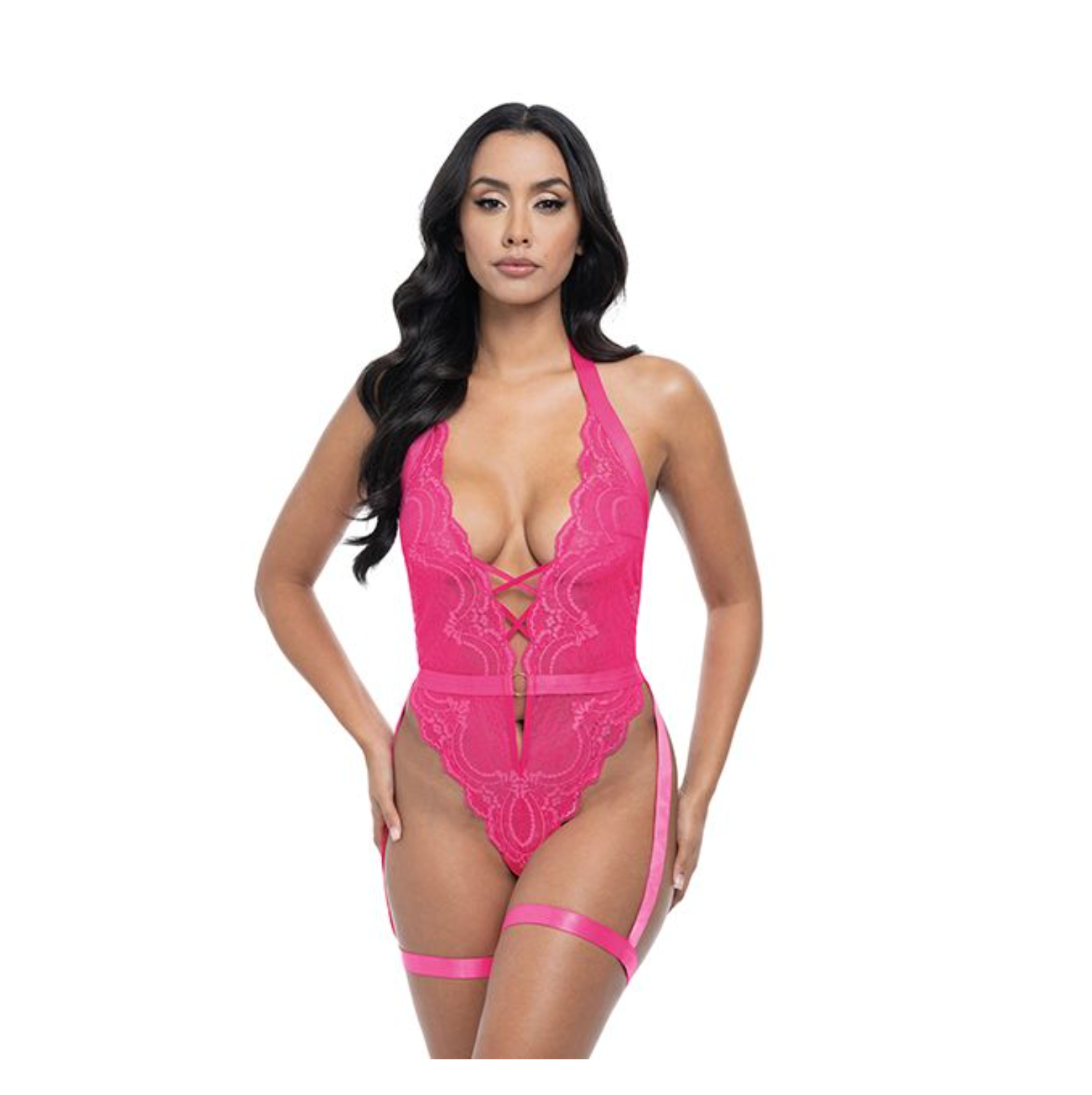 Kahlia Lace Halter Top Teddy - Pink Yarrow
