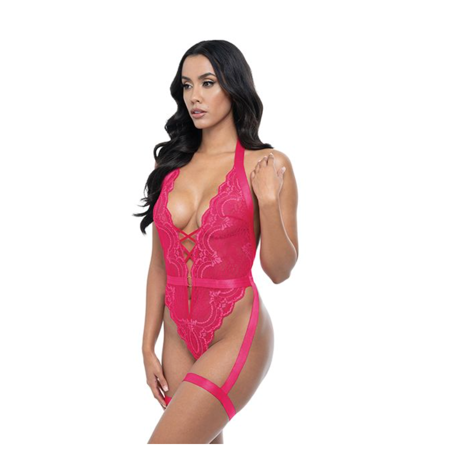 Kahlia Lace Halter Top Teddy - Pink Yarrow