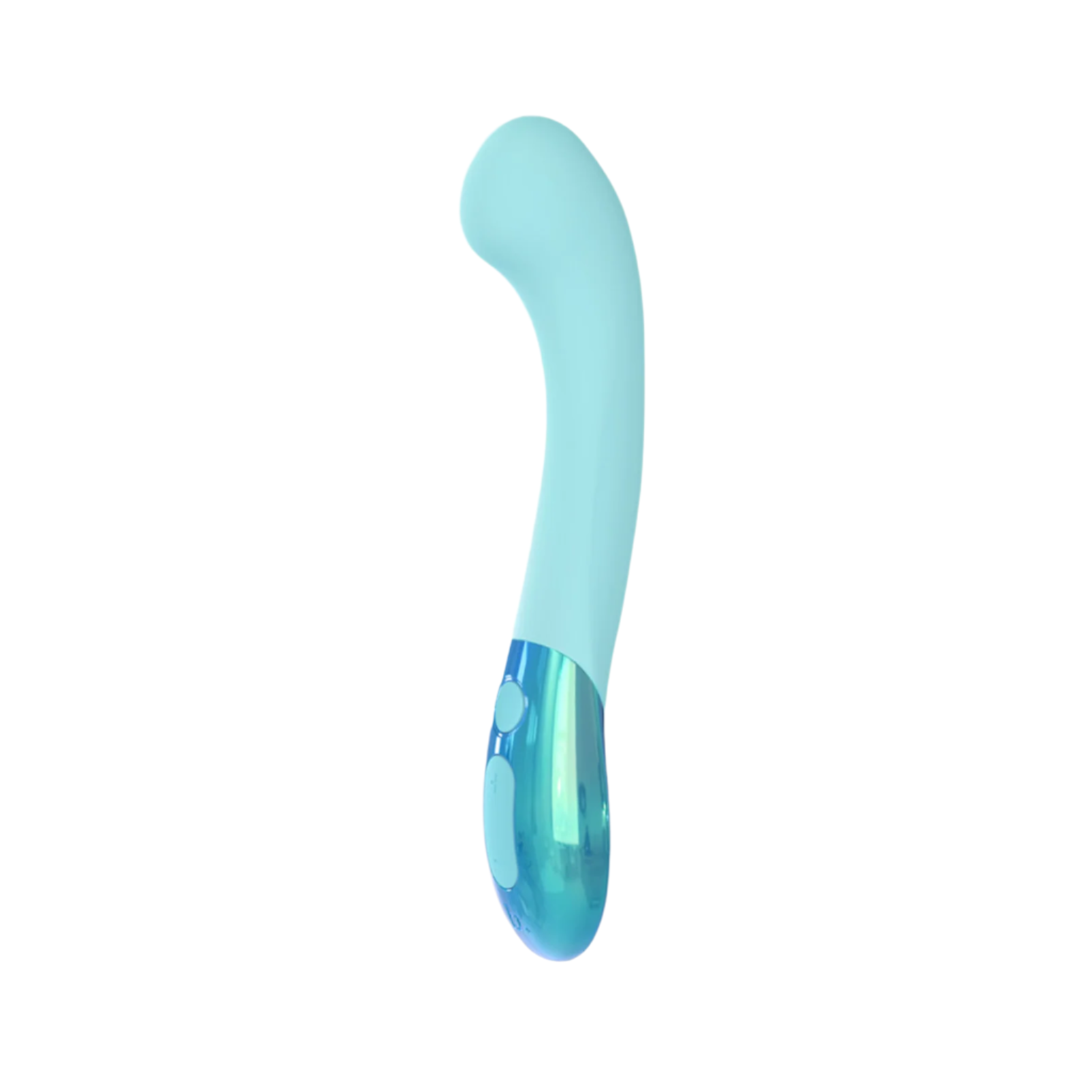 Light blue and iridescent device on a white background