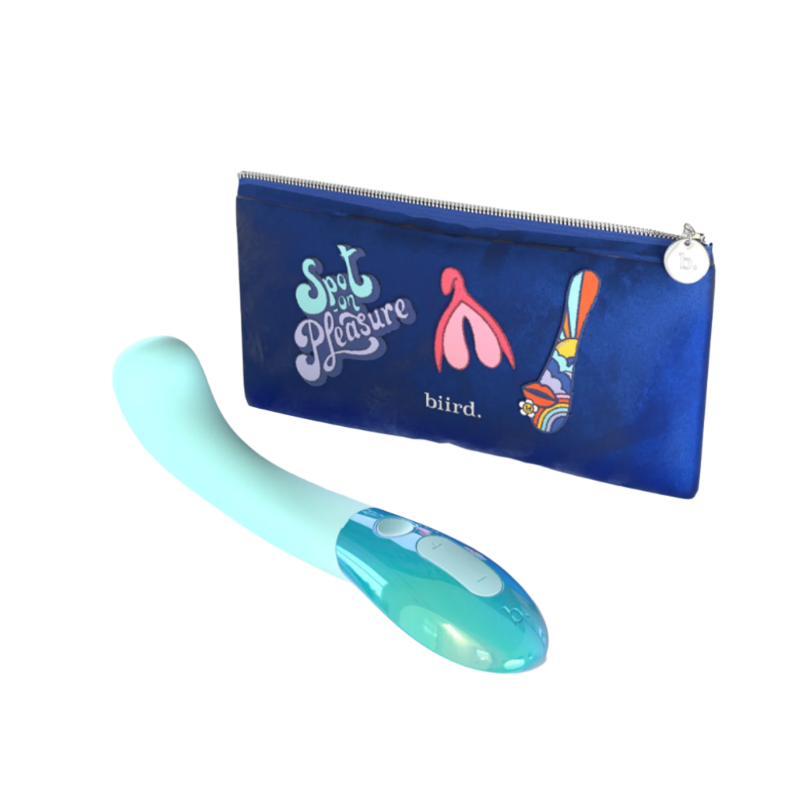 Blue pouch with colorful designs and a light blue handheld device on a white background