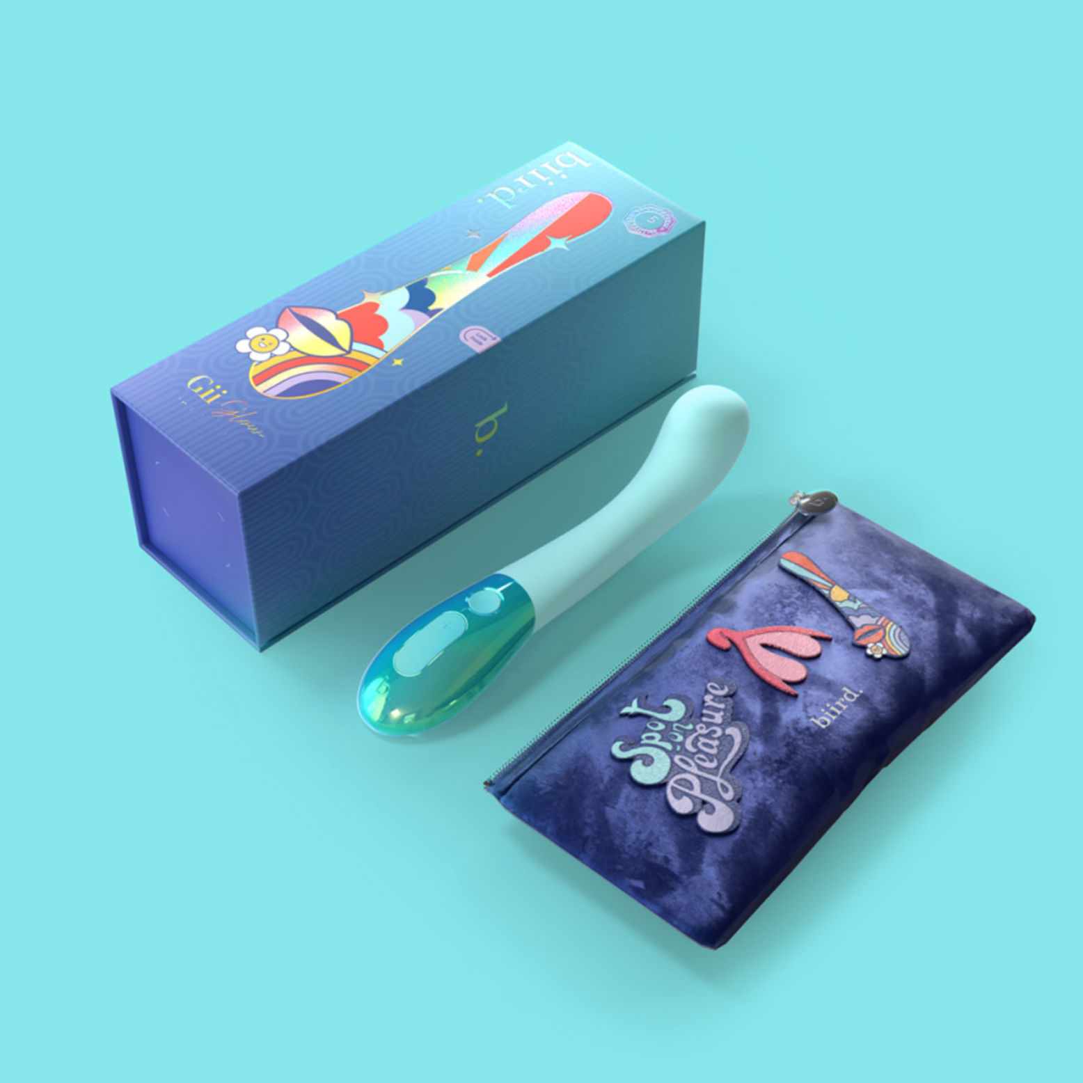 Glowing blue tool with decorative case on a light blue background