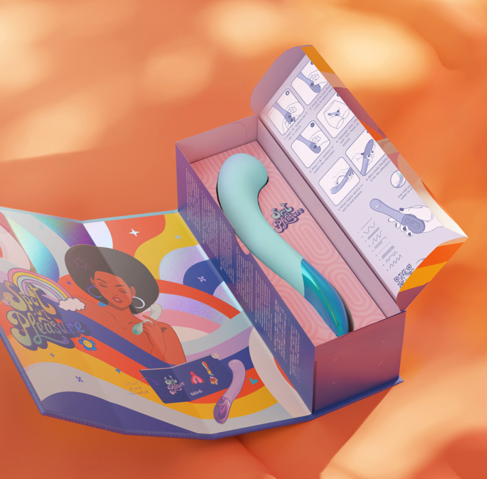 Colorful product packaging with a stylized illustration of a woman and product inside on an orange background.