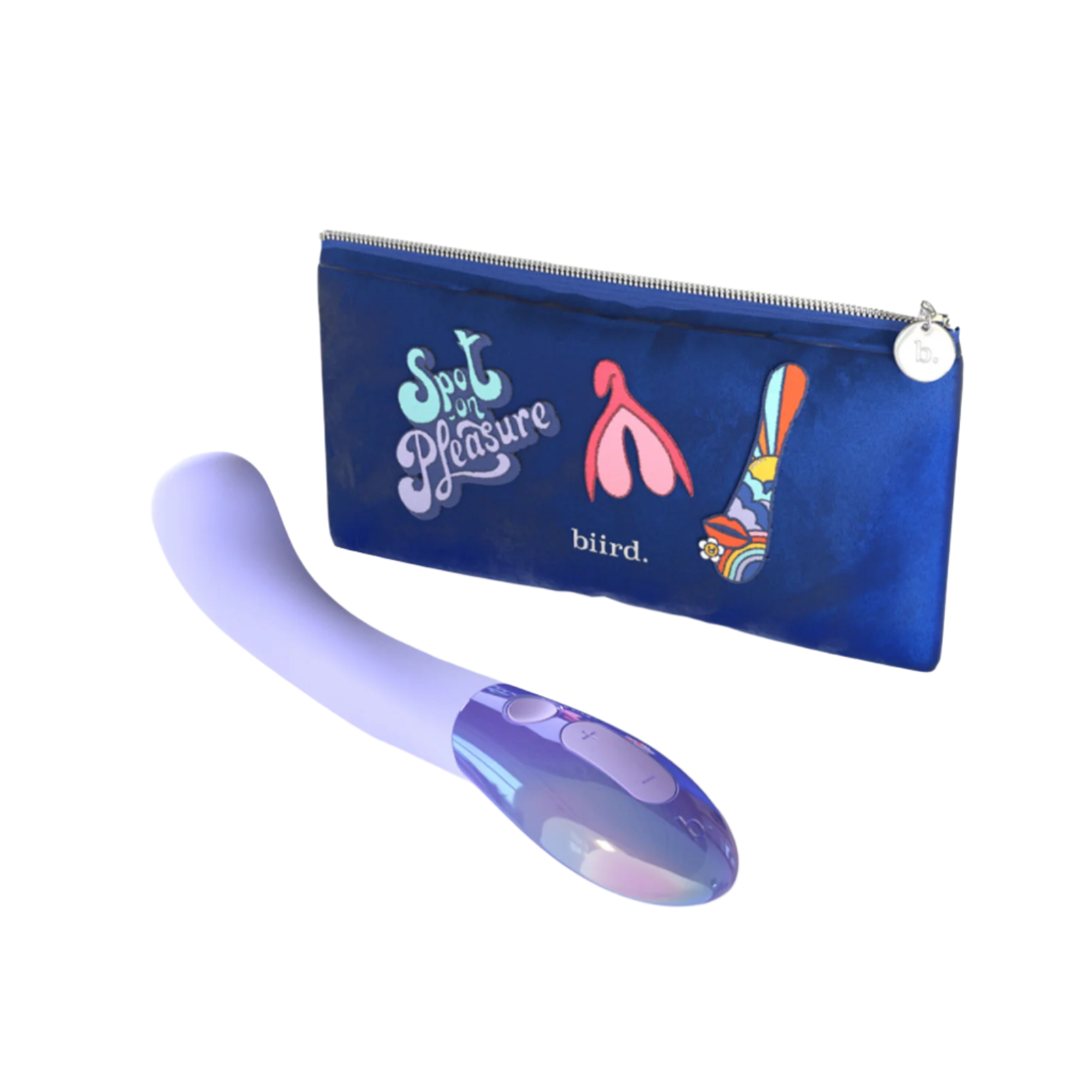 Blue pouch with colorful designs and a purple and blue handheld device on a white background