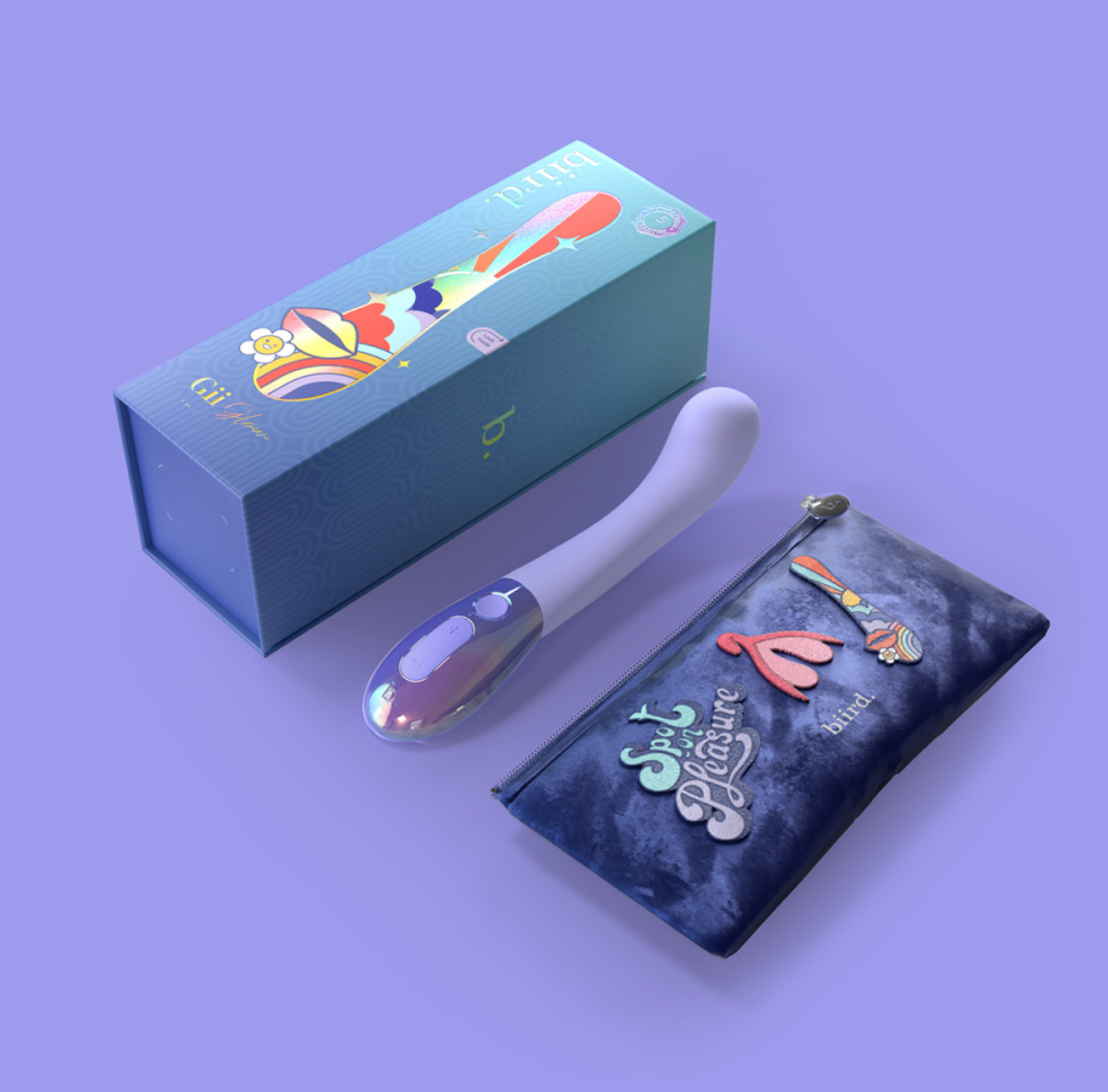 Product set with a box, tool, and pouch on a purple background