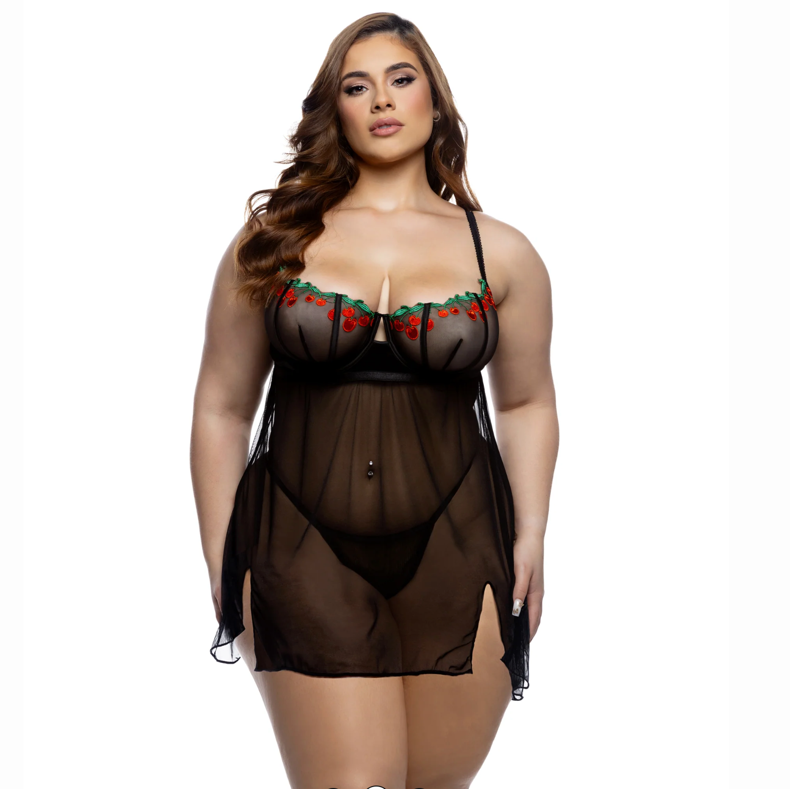 Cherry Delight Embroidered Lace & Mesh Babydoll with Balconette Cup & Thong – Black (S–XL)