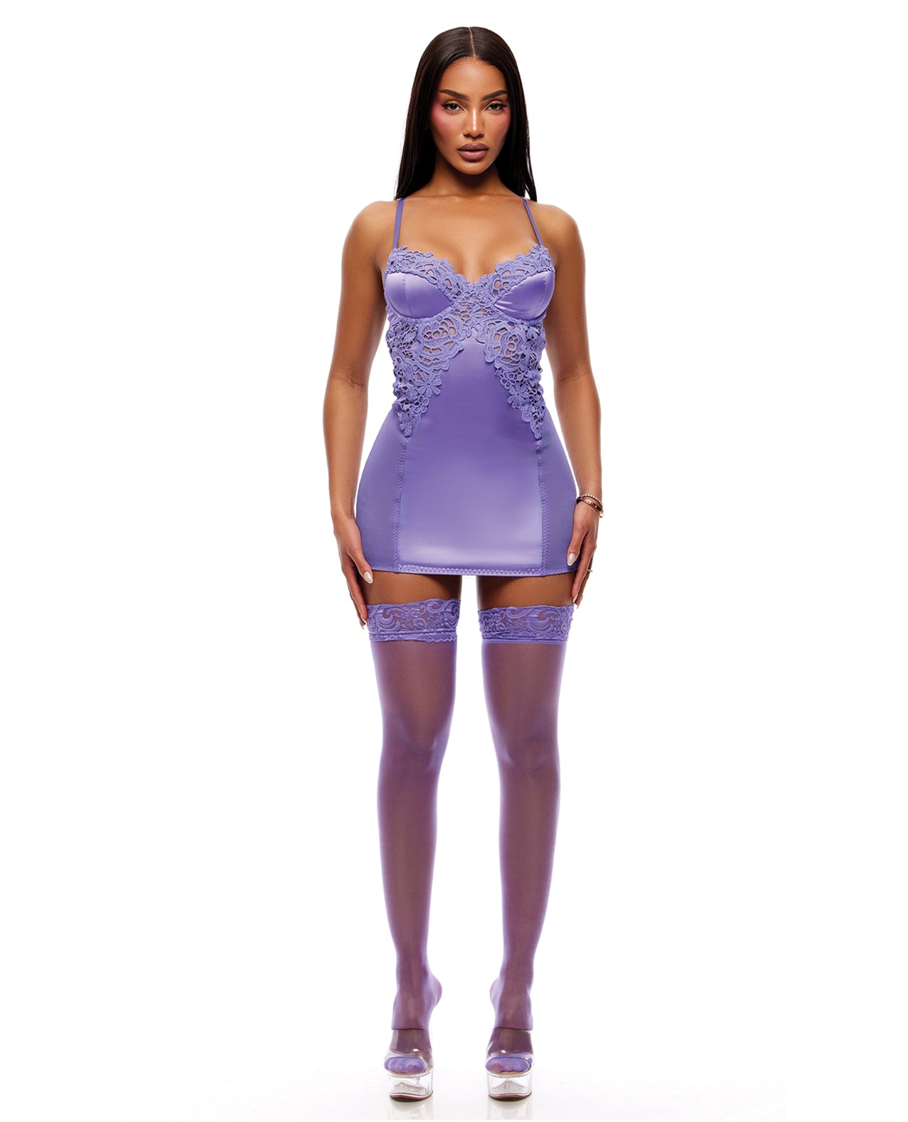 See It Through Guipure Lace Chemise w/Thong & Stockings - Purple LG