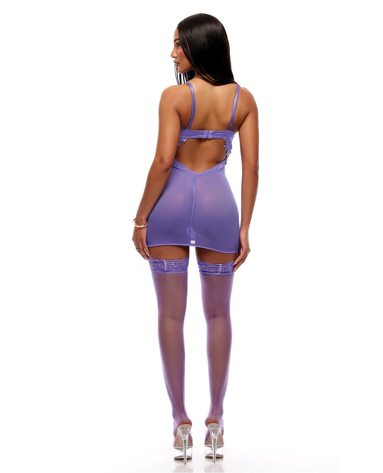 See It Through Guipure Lace Chemise w/Thong & Stockings - Purple LG
