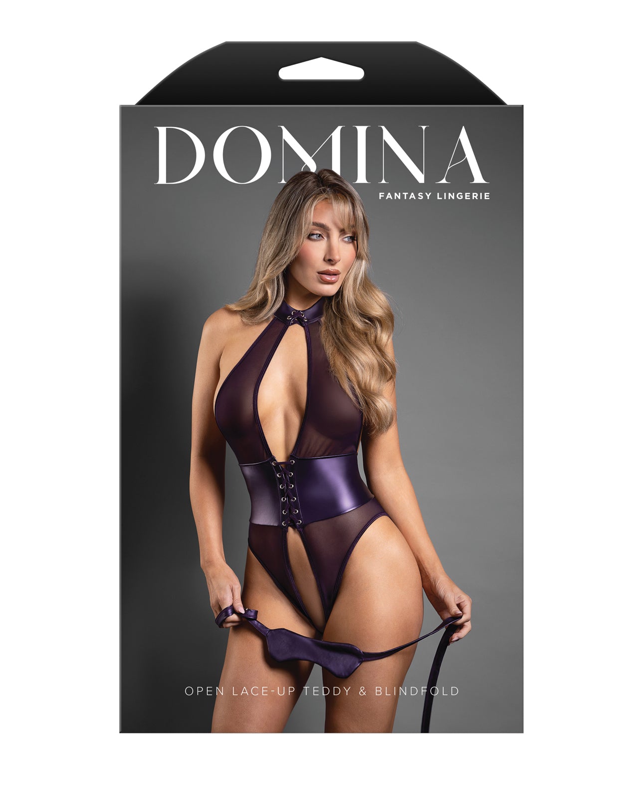 Domina Open Halter Teddy in Mesh & Leatherette w/Matching Blindfold - Purple M/L