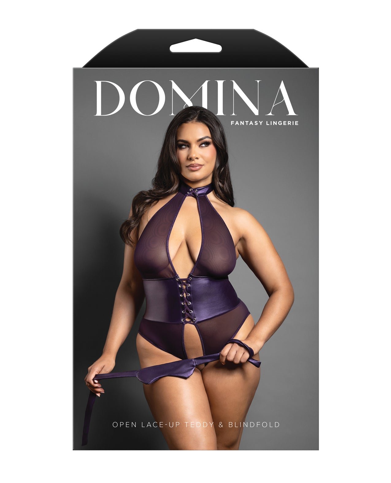 Domina Open Halter Teddy in Mesh & Leatherette w/Matching Blindfold - Purple QN