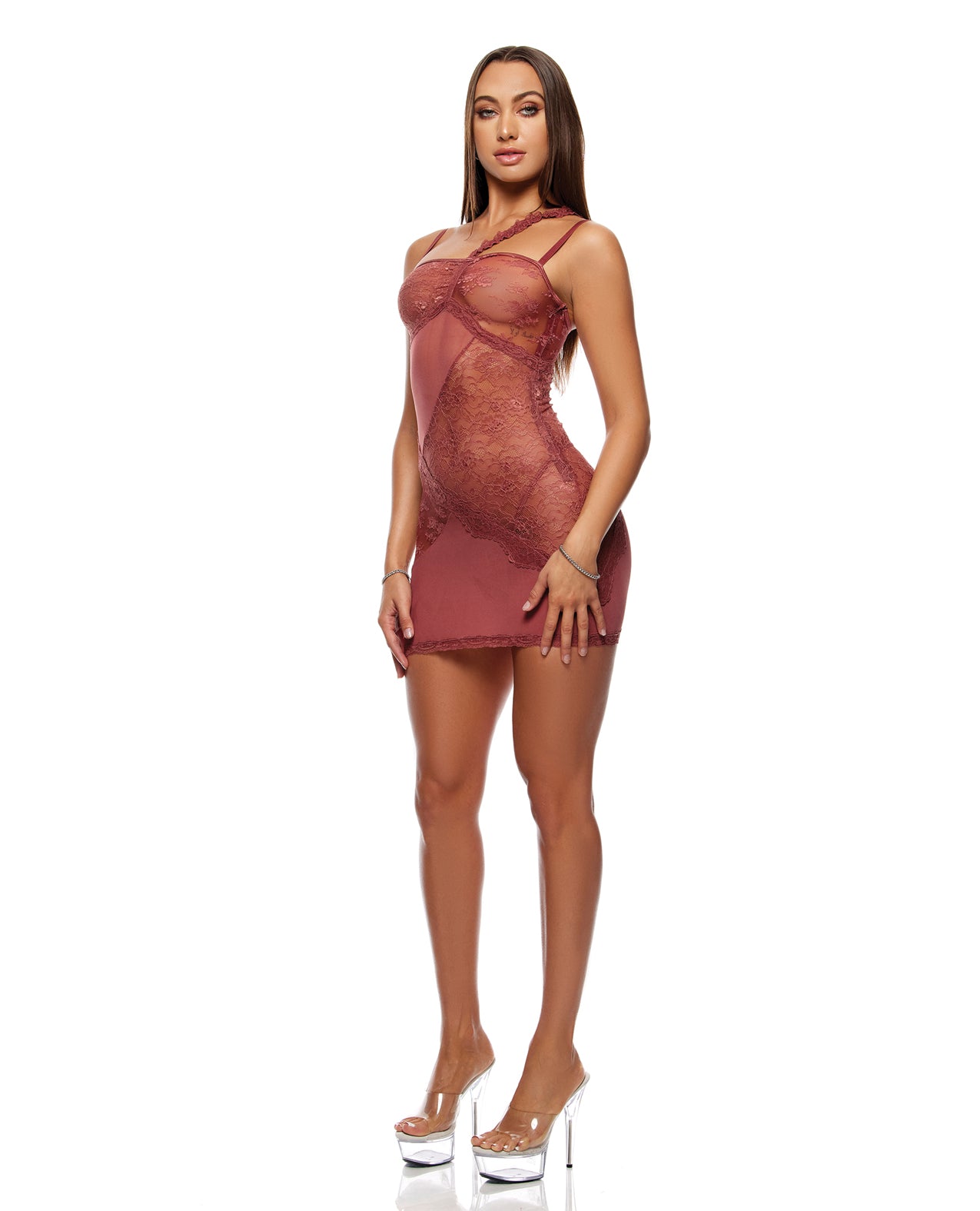 Patch of Petals Sheer Mesh and Lace Chemise w/Thong 2 pc Set - Mauve LG
