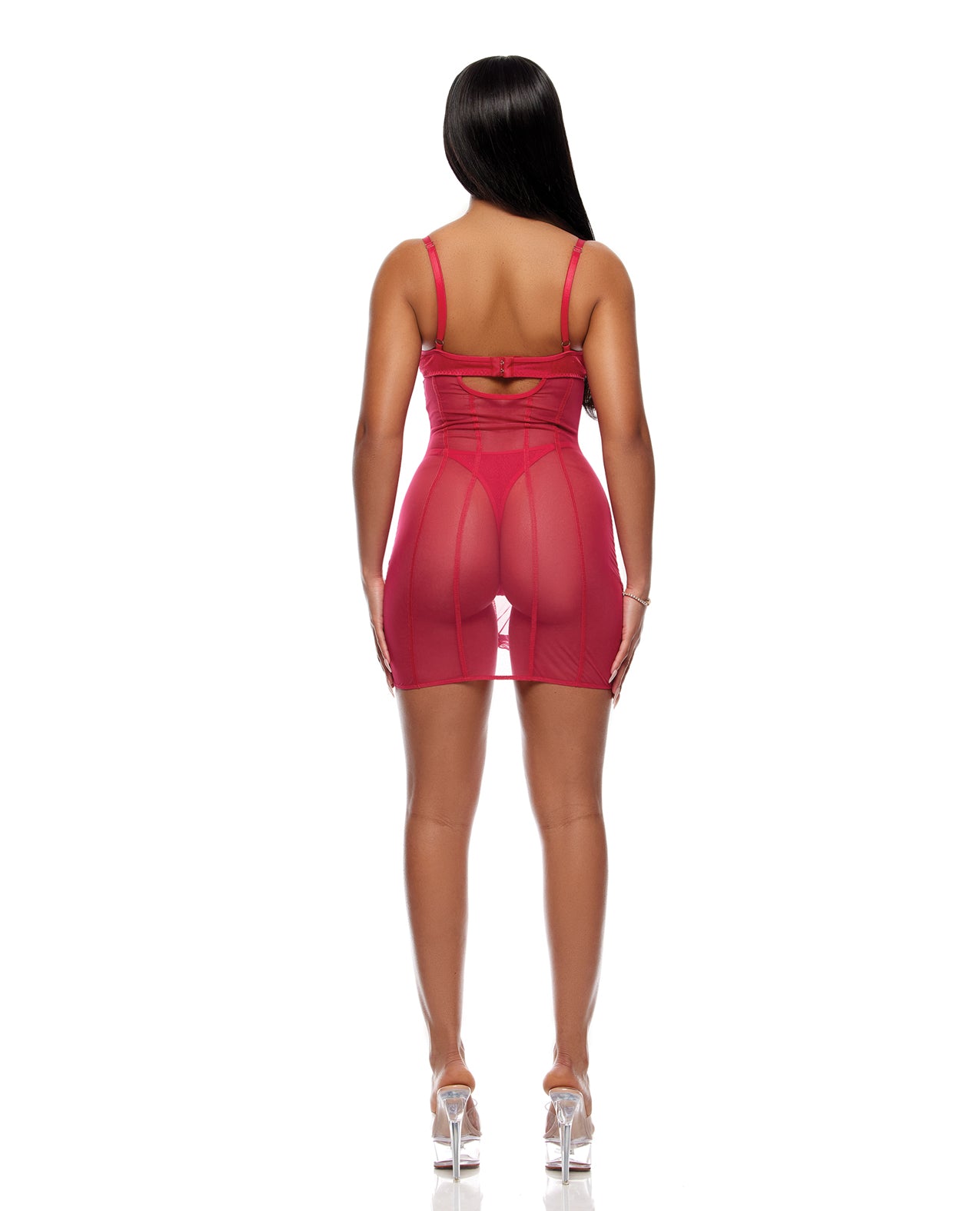 Layers To This Sheer Mesh and Knit Chemise w/Thong 2 pc Set - Pink LG