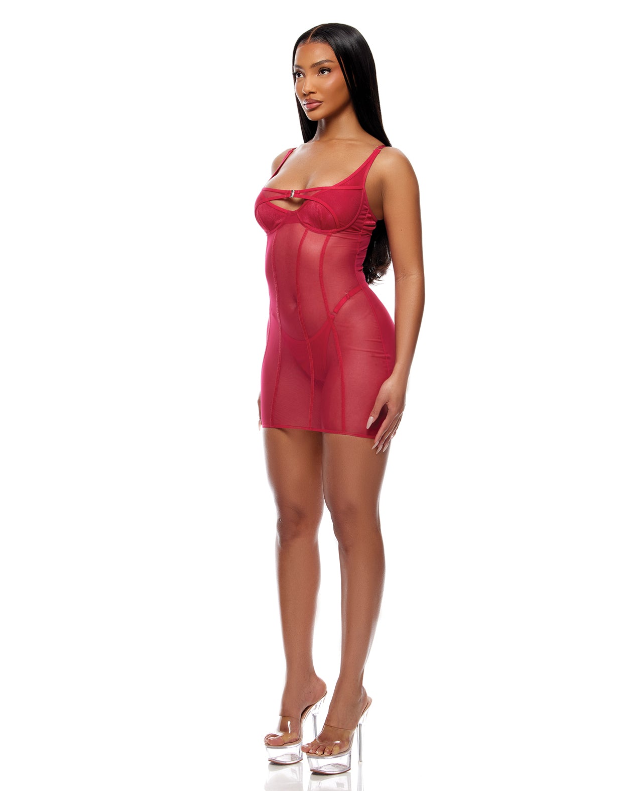 Layers To This Sheer Mesh and Knit Chemise w/Thong 2 pc Set - Pink SM