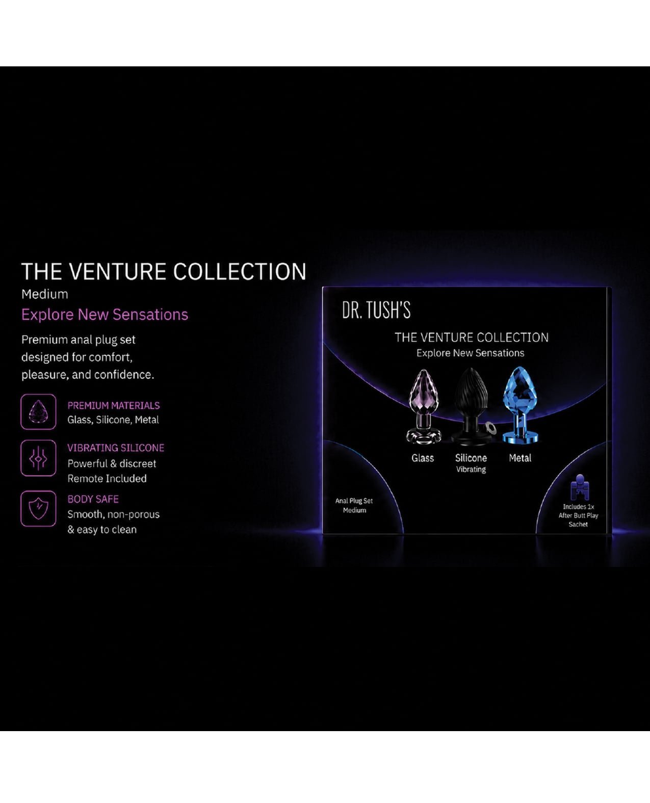 Dr. Tush's Venture Collection Medium Anal Plug Set - Glass, Metal, Silicone