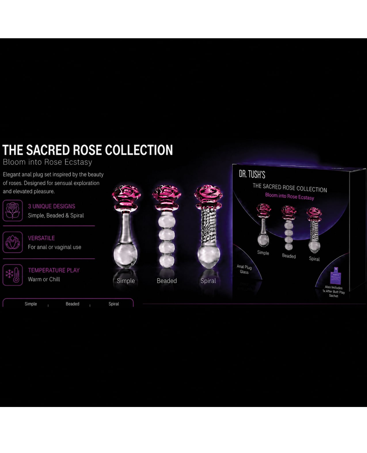 Dr. Tush's Sacred Glass Rose Collection Anal Plug Set - Glass