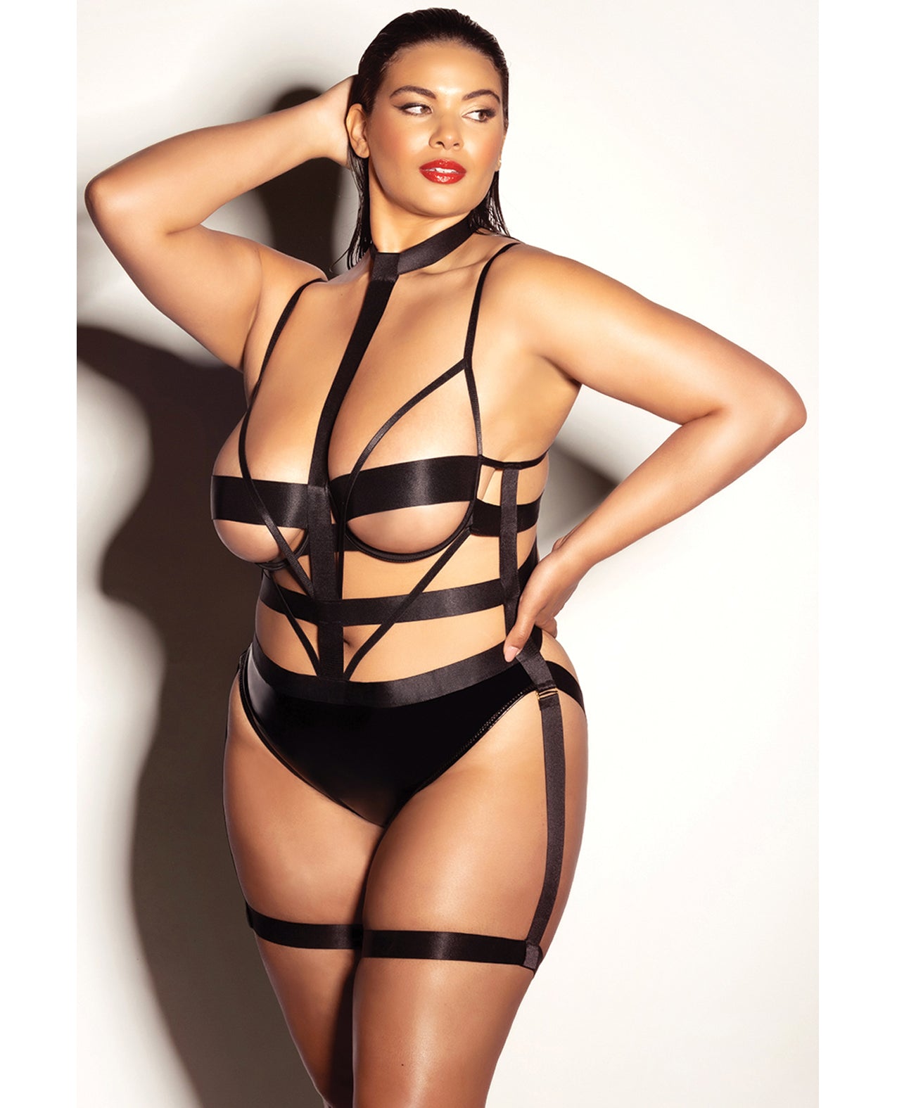 FETISH Lethal Underwire Peek A Boo Vinyl Teddy w/Choker Black 2X
