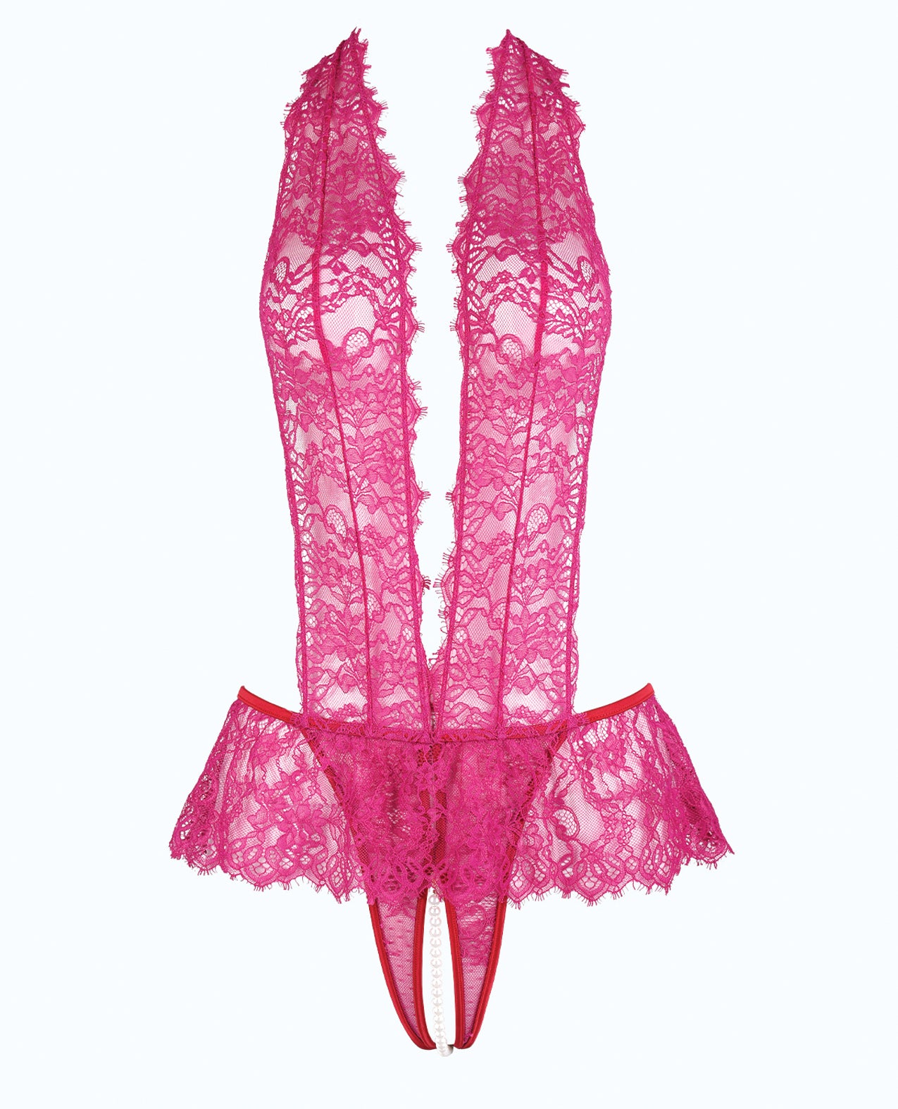 Jocelyn Lace Halter Teddy w/Open Crotch - Raspberry SM