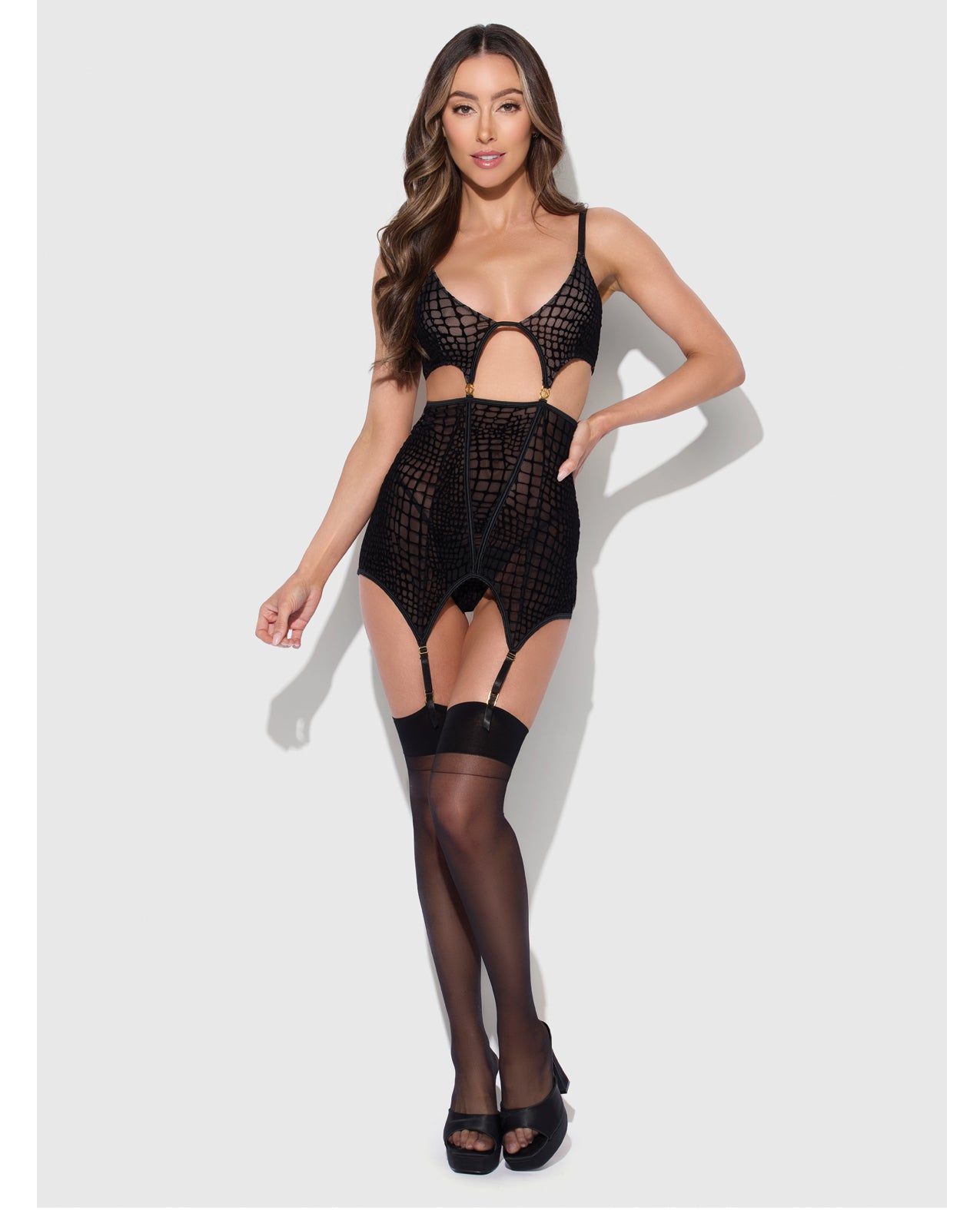 Snake Velvet-Burnout Mesh Chemise & G-String Set - Black MD