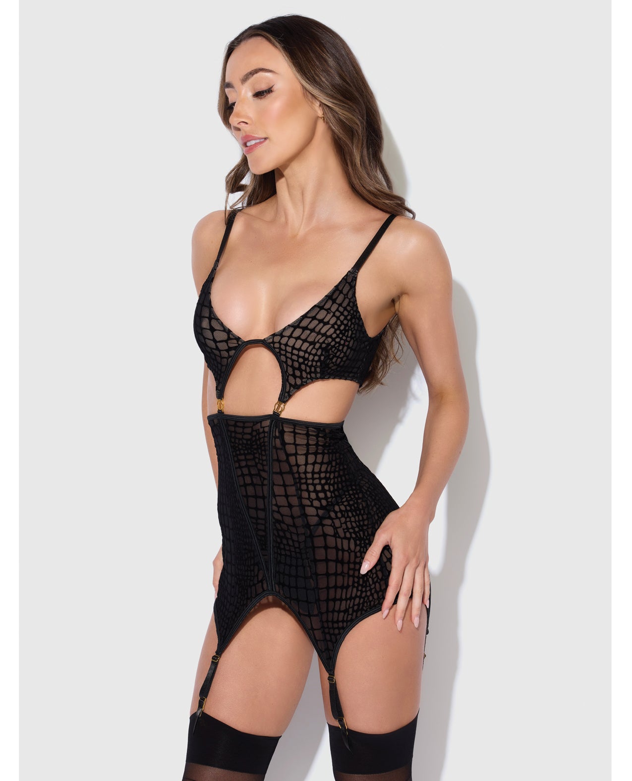 Snake Velvet-Burnout Mesh Chemise & G-String Set - Black SM