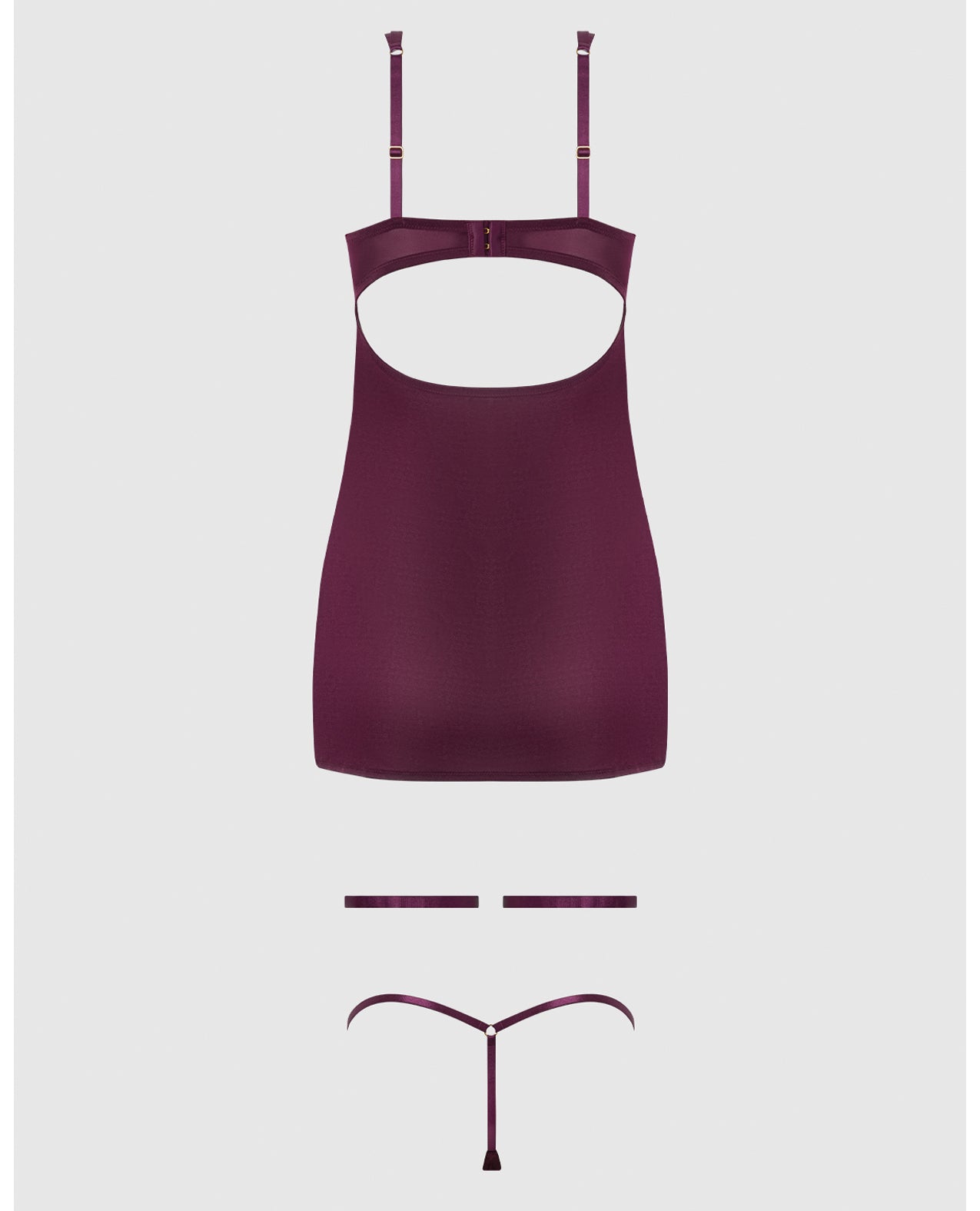 Yasmine Shimmer Mesh O-Ring Thigh Garter Chemise & G-String Set - Burgundy LG