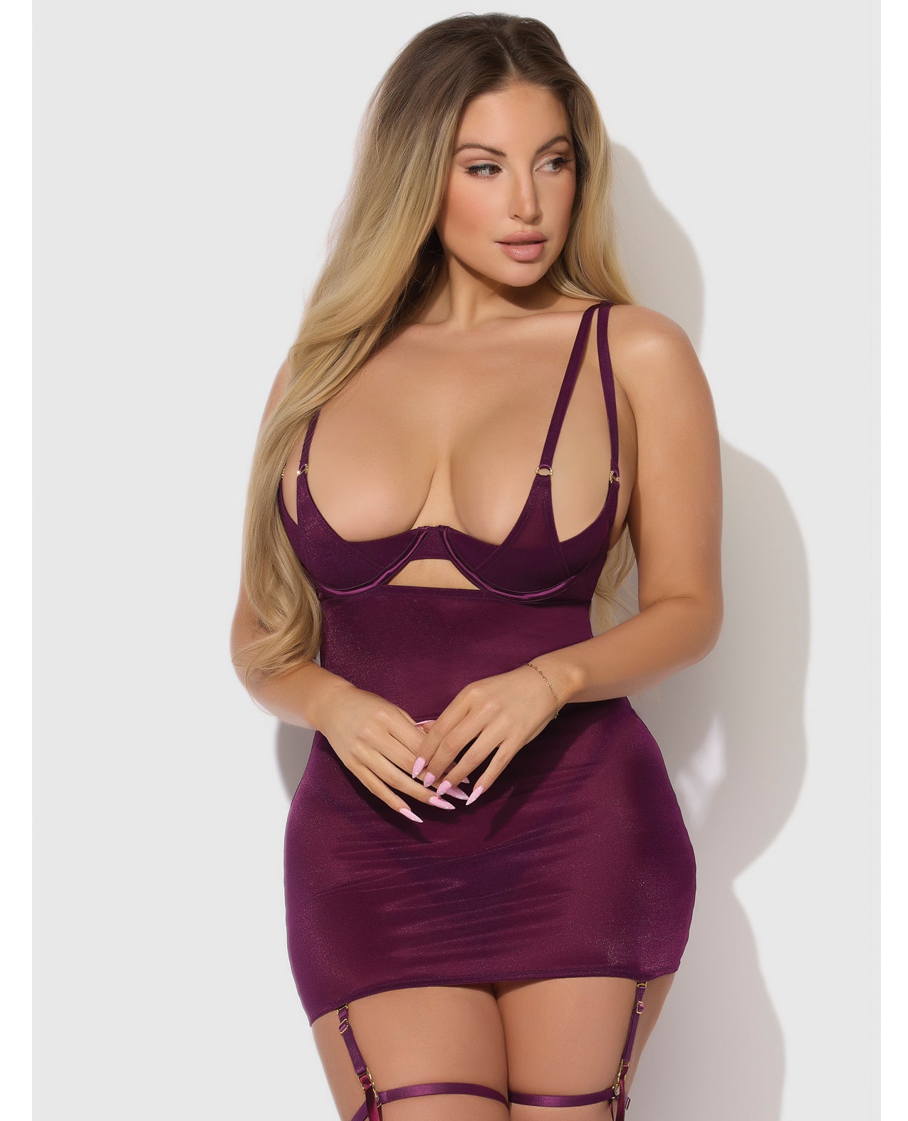 Yasmine Shimmer Mesh O-Ring Thigh Garter Chemise & G-String Set - Burgundy SM