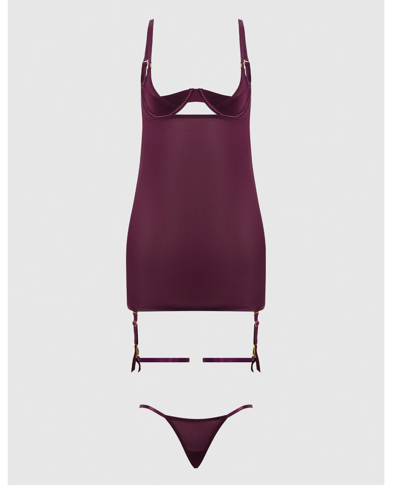 Yasmine Shimmer Mesh O-Ring Thigh Garter Chemise & G-String Set - Burgundy SM