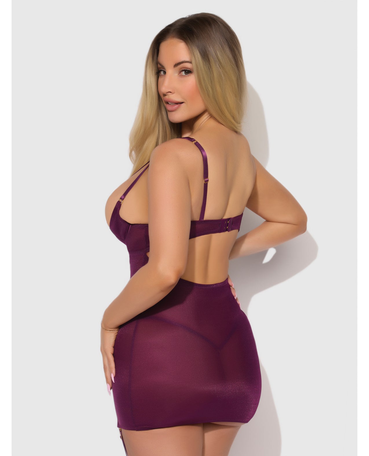 Yasmine Shimmer Mesh O-Ring Thigh Garter Chemise & G-String Set - Burgundy XL