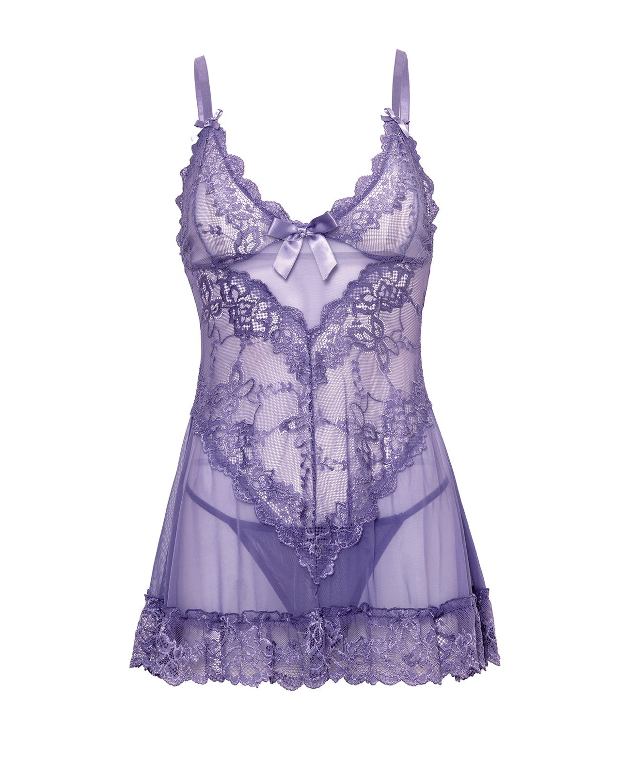 Valentine Lace Babydoll w/Bows & G-String - Purple LG
