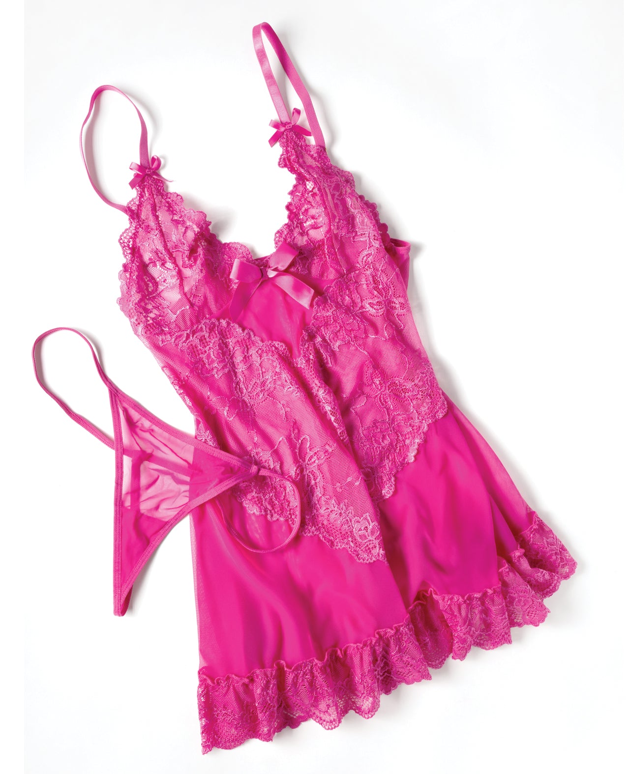 Valentine Lace Babydoll w/Bows & G-String - Rose 1X/2X
