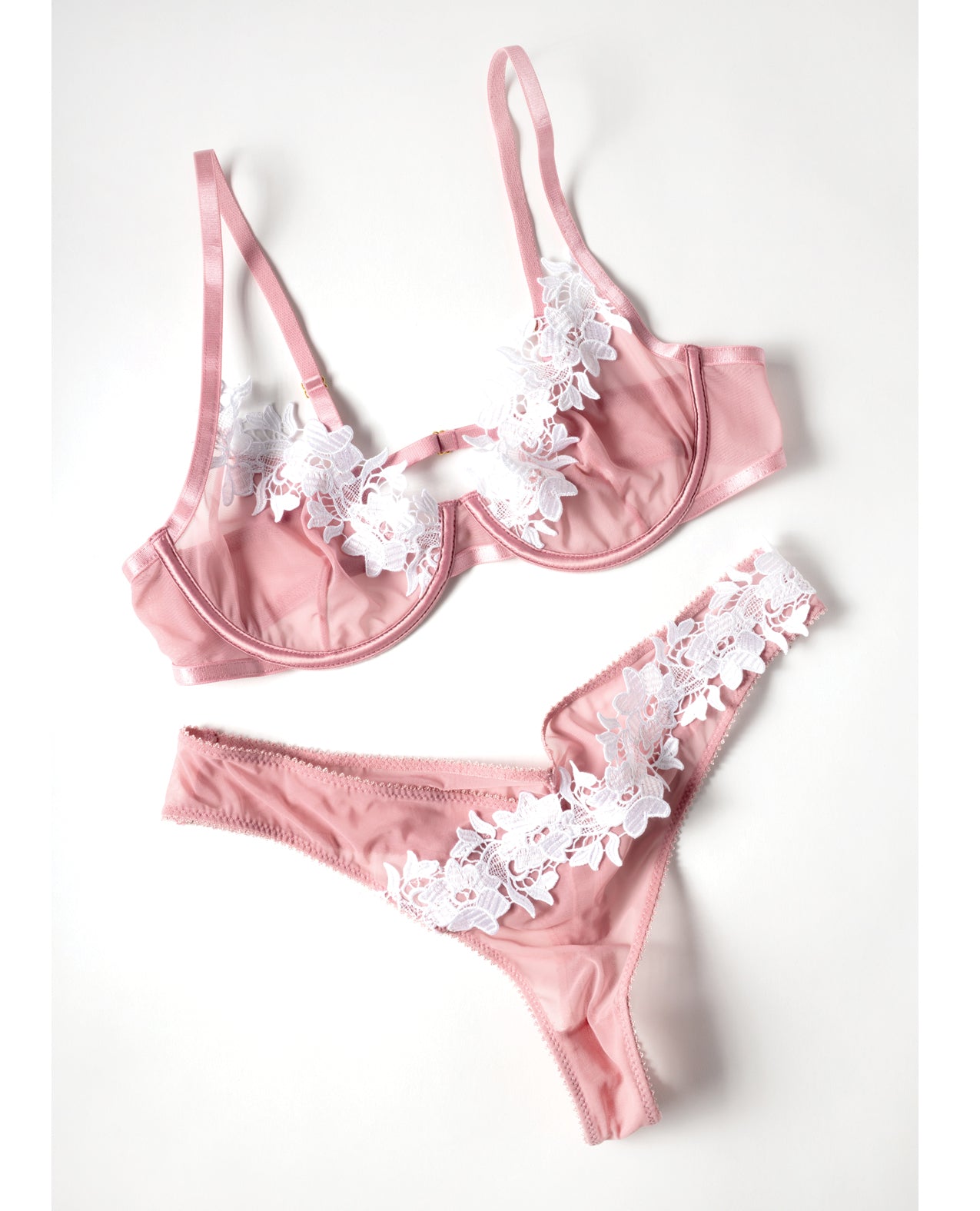 Glinda Mesh 2 pc Set w/Floral Embroidered Details - Pink & White SM