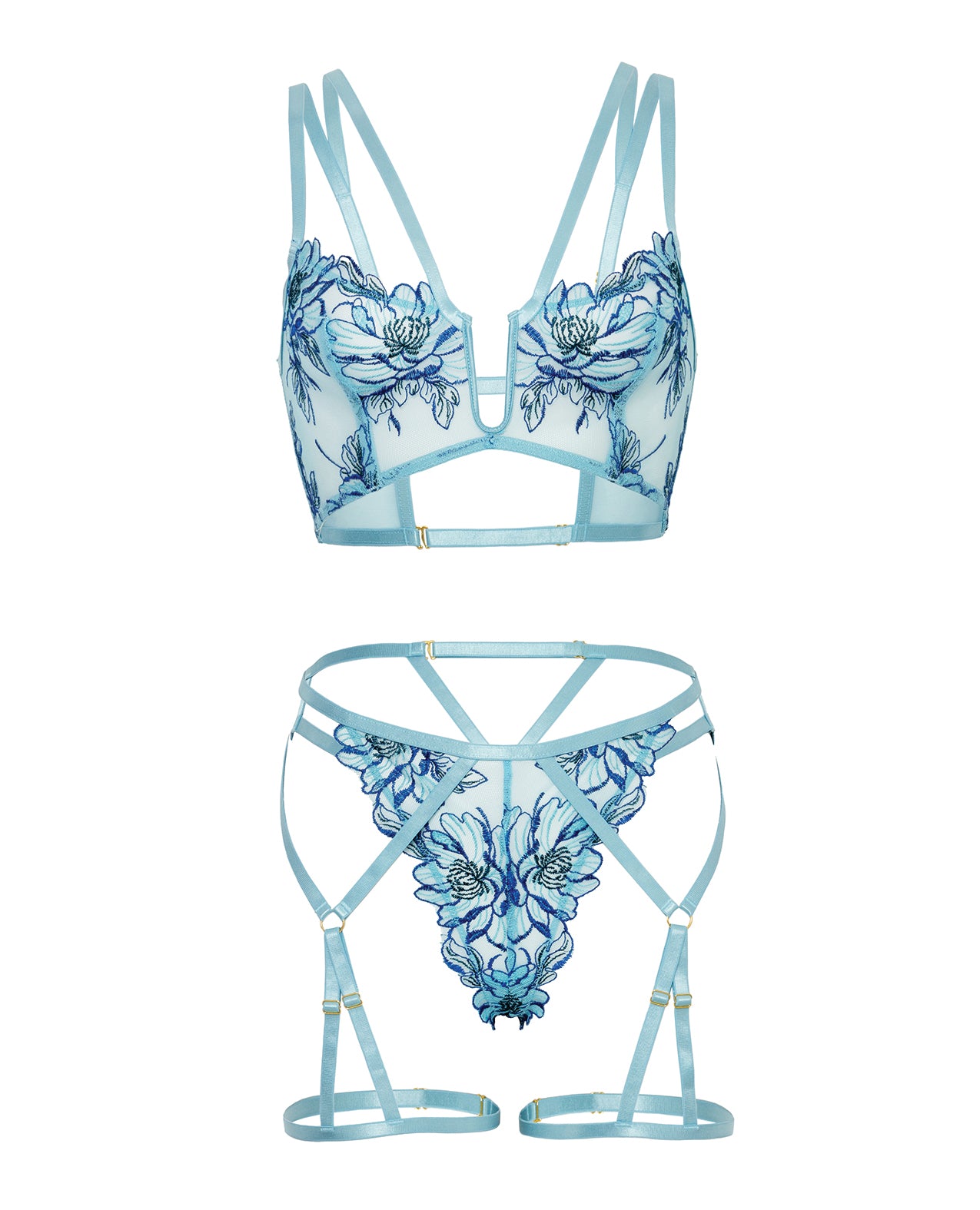 Emilia Floral Embroidered 2 pc Set w/Strapping Details & Attached Double Garter - Blue XL