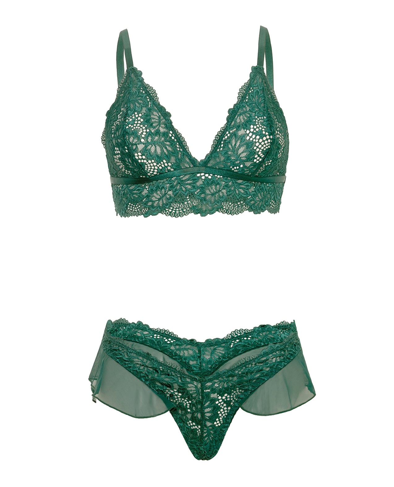 Alessia Soft Cup Lace & Mesh 2 pc Set w/Ruffle Details - Green SM