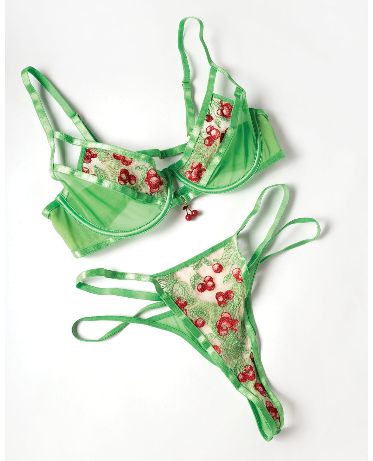 Cheri Underwire Embroidered 2 pc Set w/Cherry Charm Details - Neon Green MD
