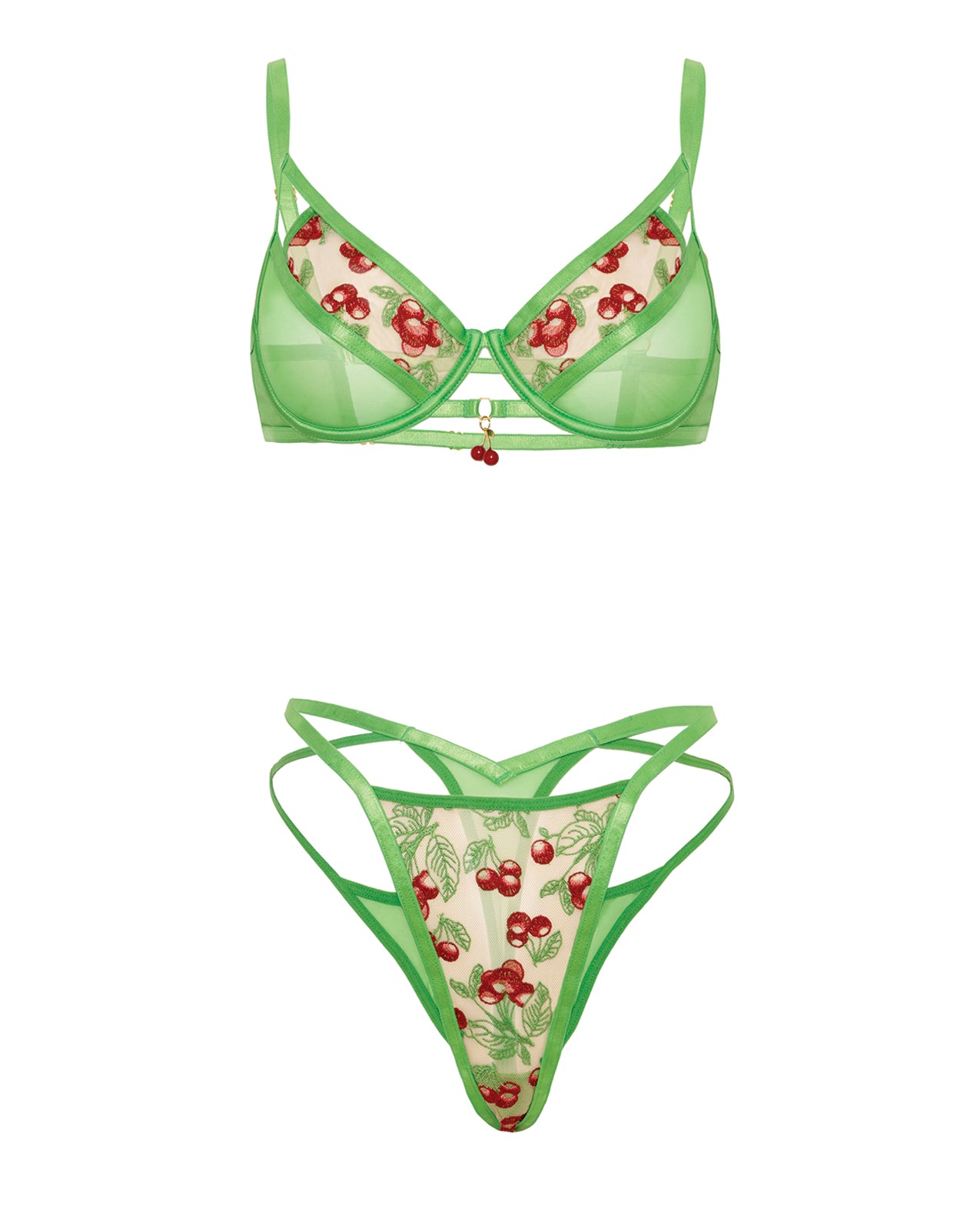 Cheri Underwire Embroidered 2 pc Set w/Cherry Charm Details - Neon Green SM