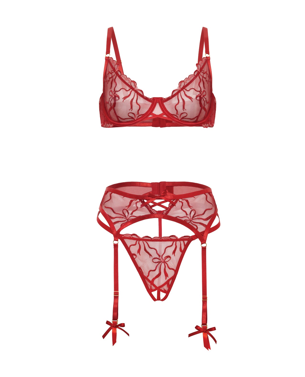 Mariah Embroidered Lace and Mesh Underwire Bra w/Garter & G-String 3 pc Set - Burgundy LG