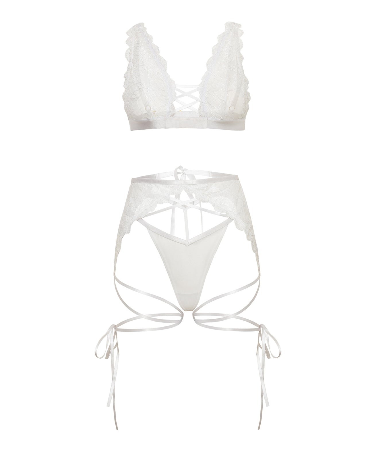Naya Lace 3 pc Set w/Strap Details - White L/XL