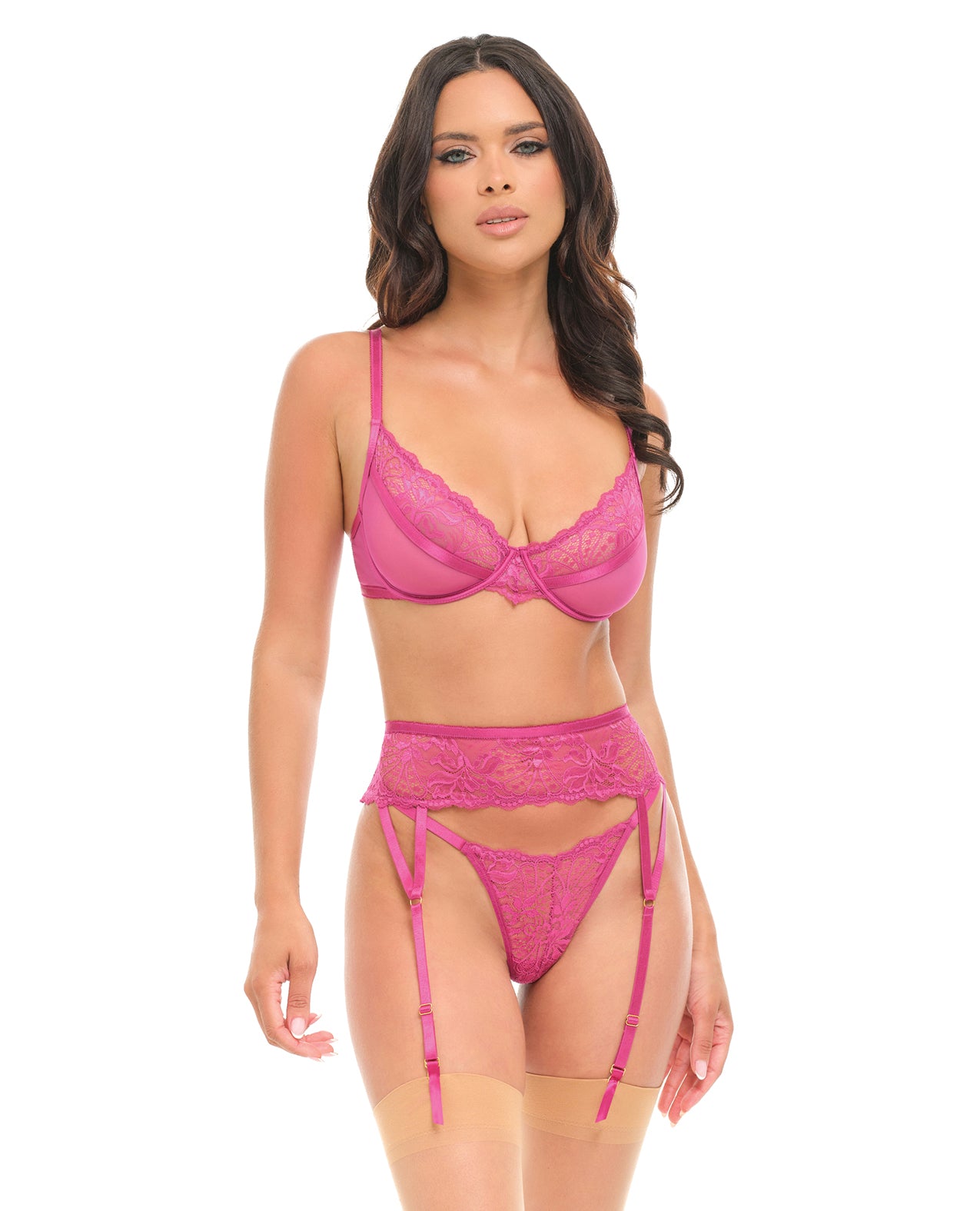 Julia Lace & Mesh 3 pc Set w/G-String - Rose L/XL