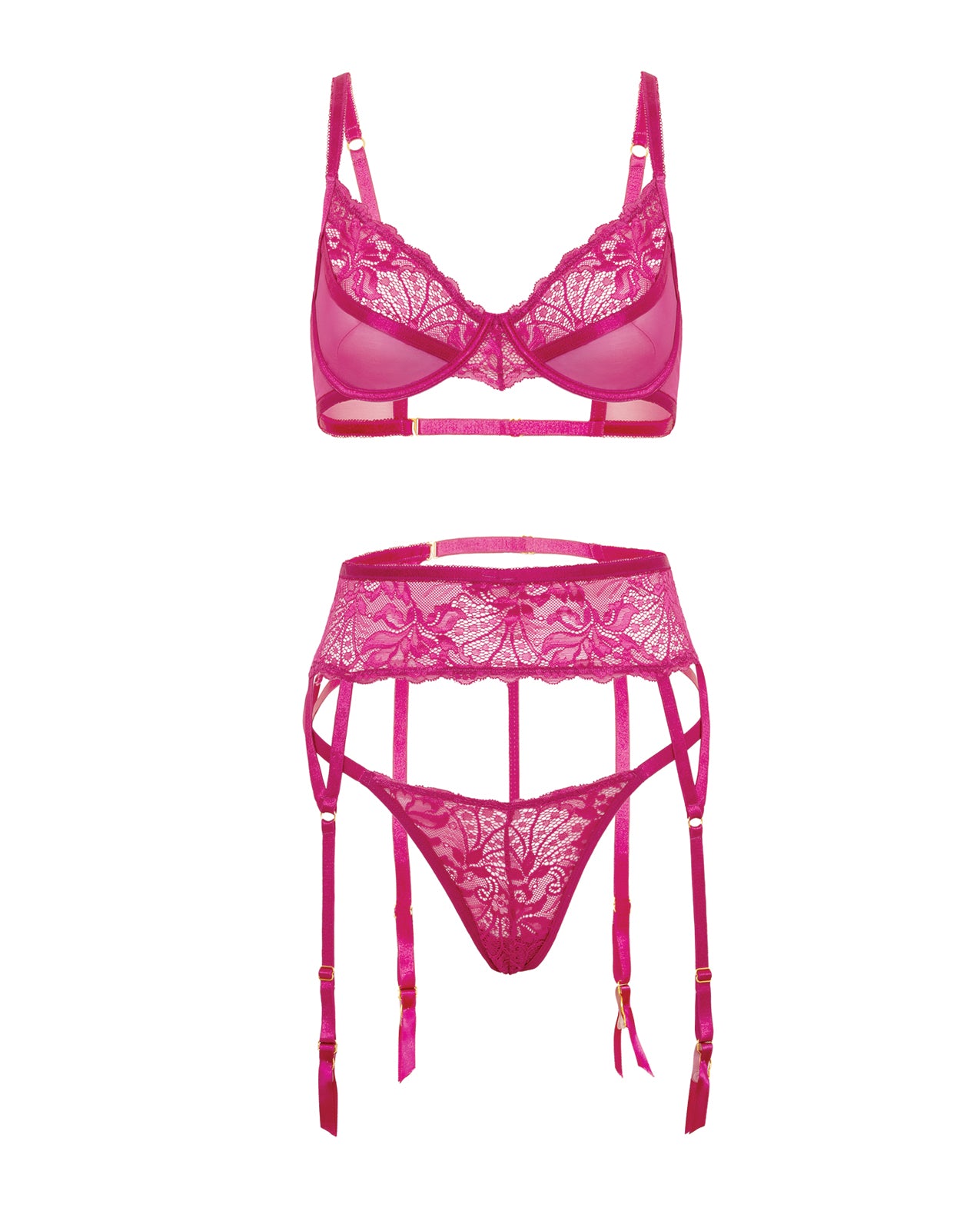 Julia Lace & Mesh 3 pc Set w/G-String - Rose L/XL