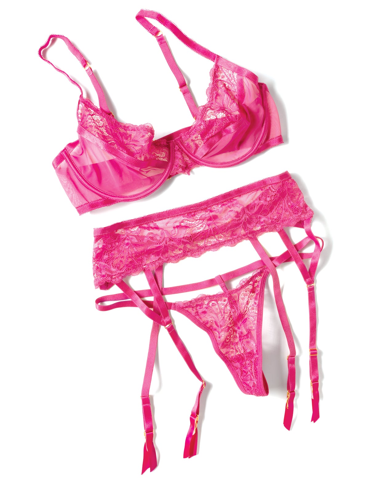 Julia Lace & Mesh 3 pc Set w/G-String - Rose L/XL