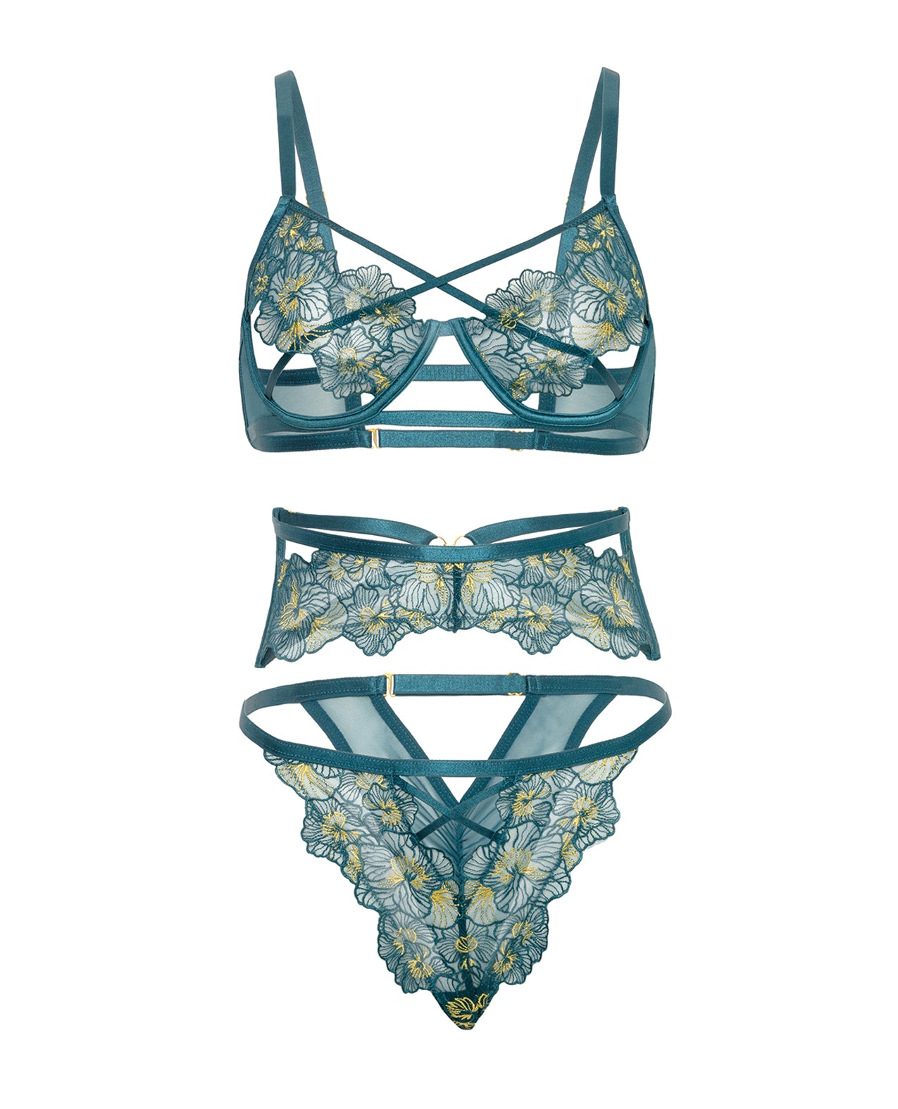 Daphne Lace Underwire 3 pc Set w/Embroidered Trim & Crossing Elastics - Blue LG