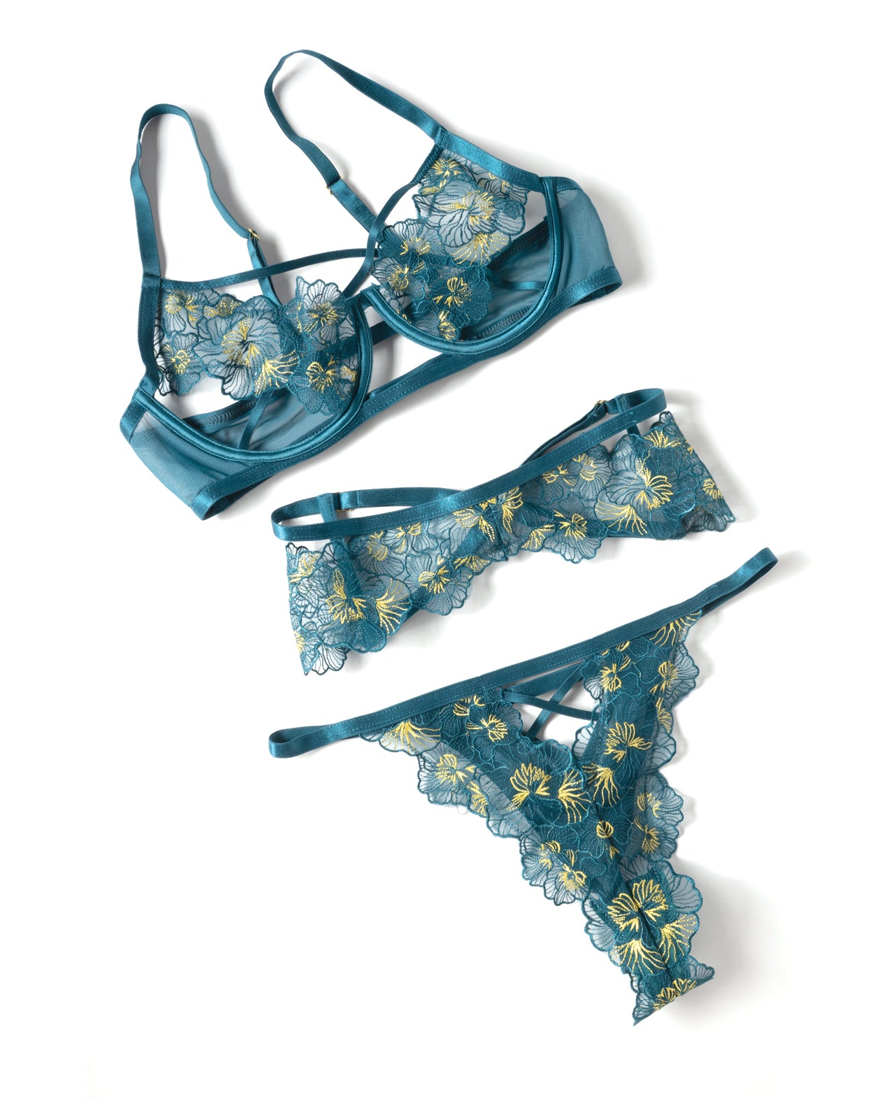 Daphne Lace Underwire 3 pc Set w/Embroidered Trim & Crossing Elastics - Blue SM