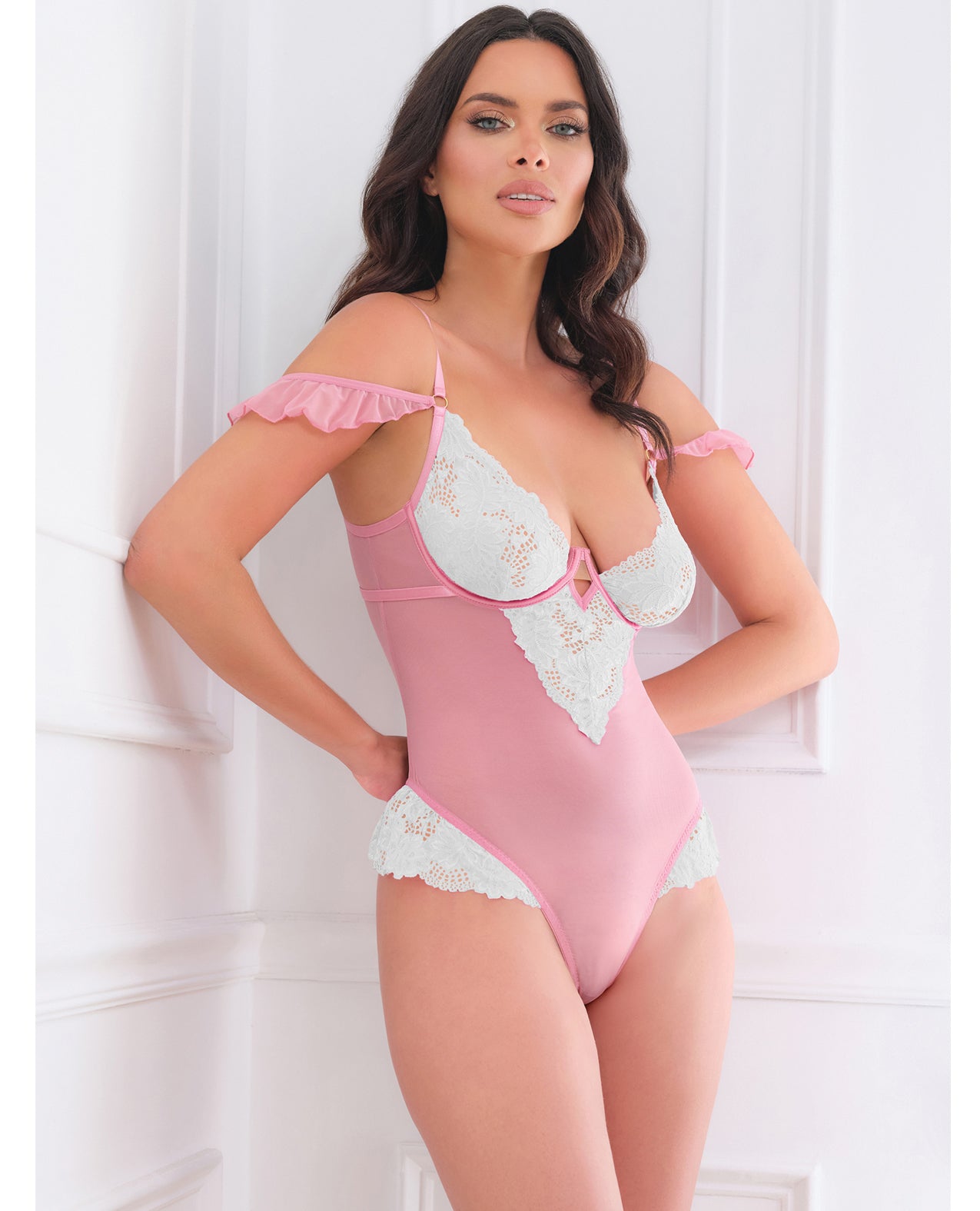 Cassandra Lace & Mesh Teddy w/Ruffle Details - Pink & White SM